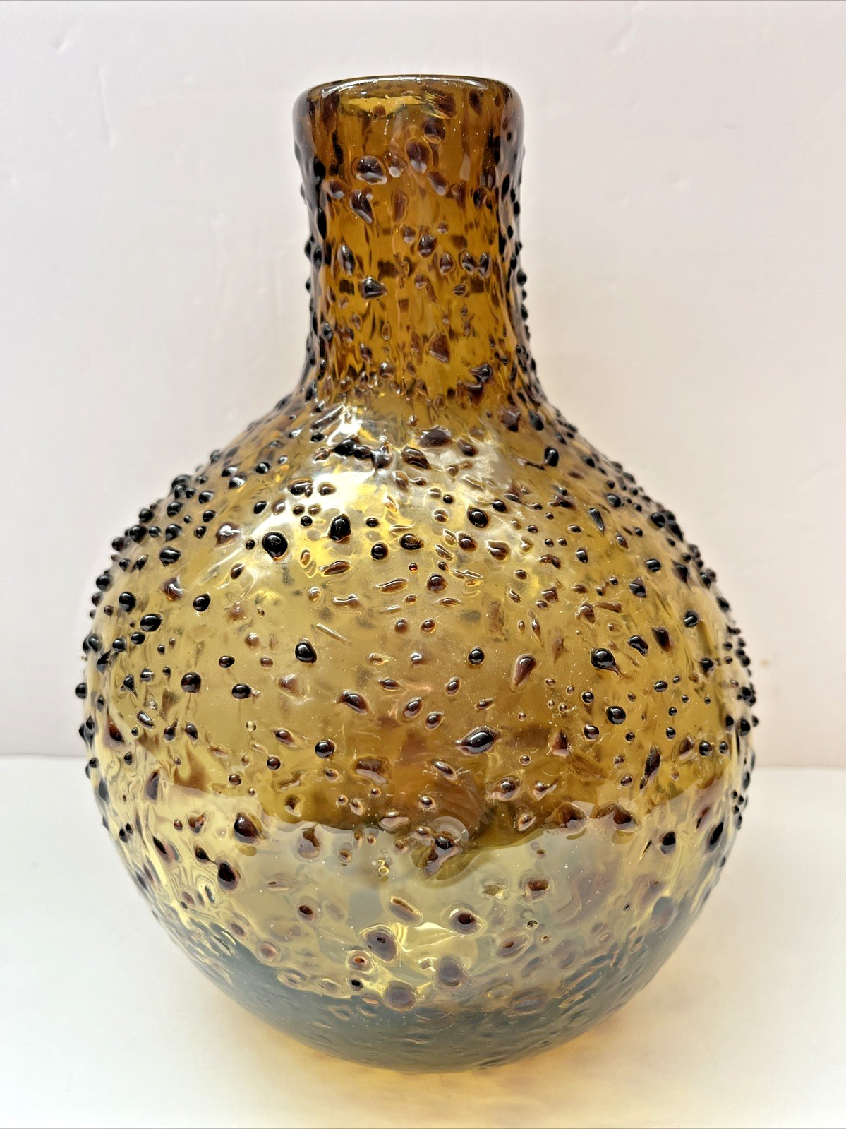 Vintage Amber Art Glass Vase Hand Blown Dimpled Textured MCM Decor 8.5\