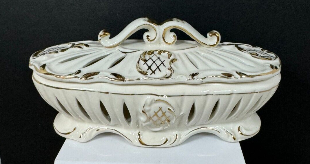 Vintage White Trimmed in Gold Reticulated Decorative Lidded Porcelain Dish Bowl