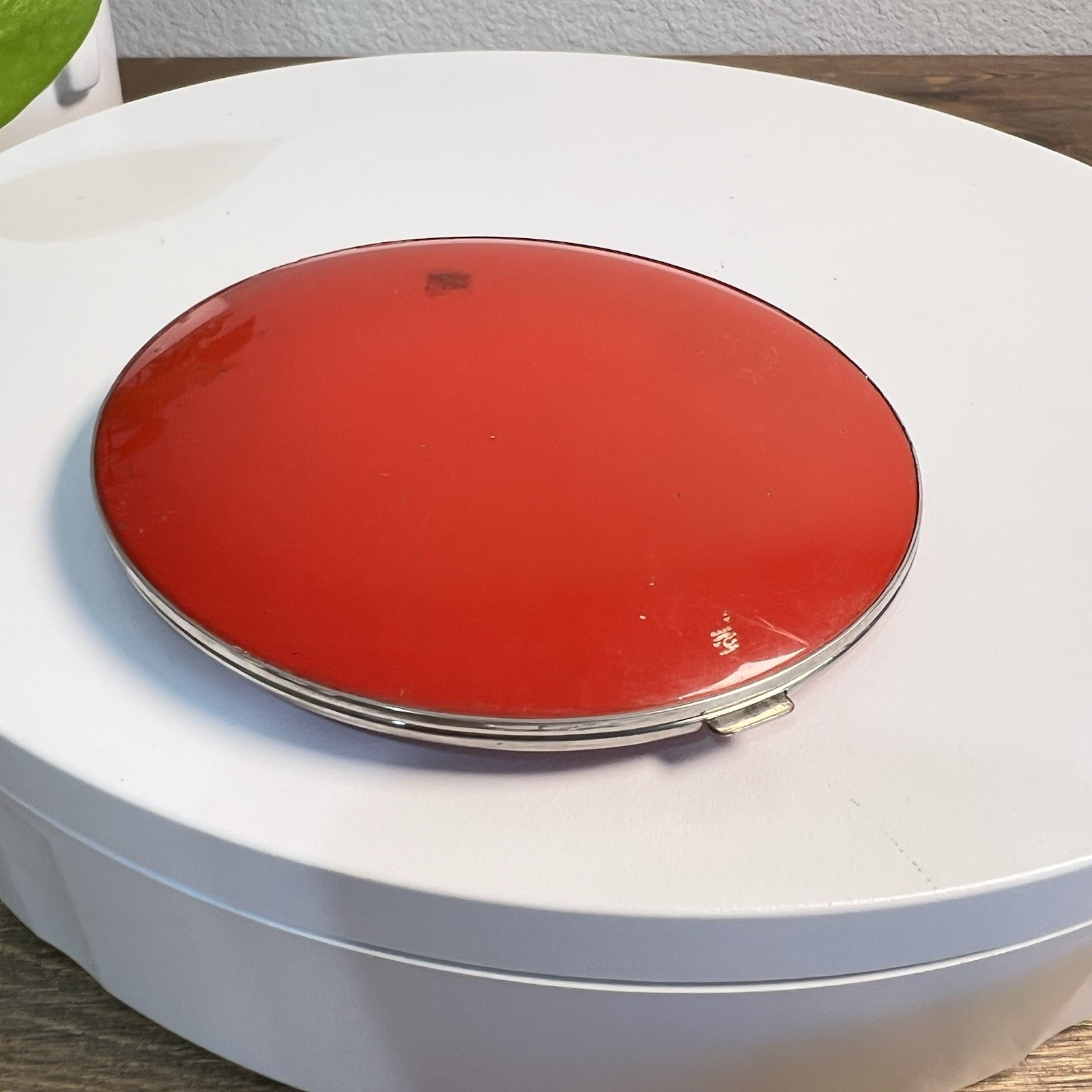 Vintage Red Painted Metal COMPACT, PANCAKE Shape
