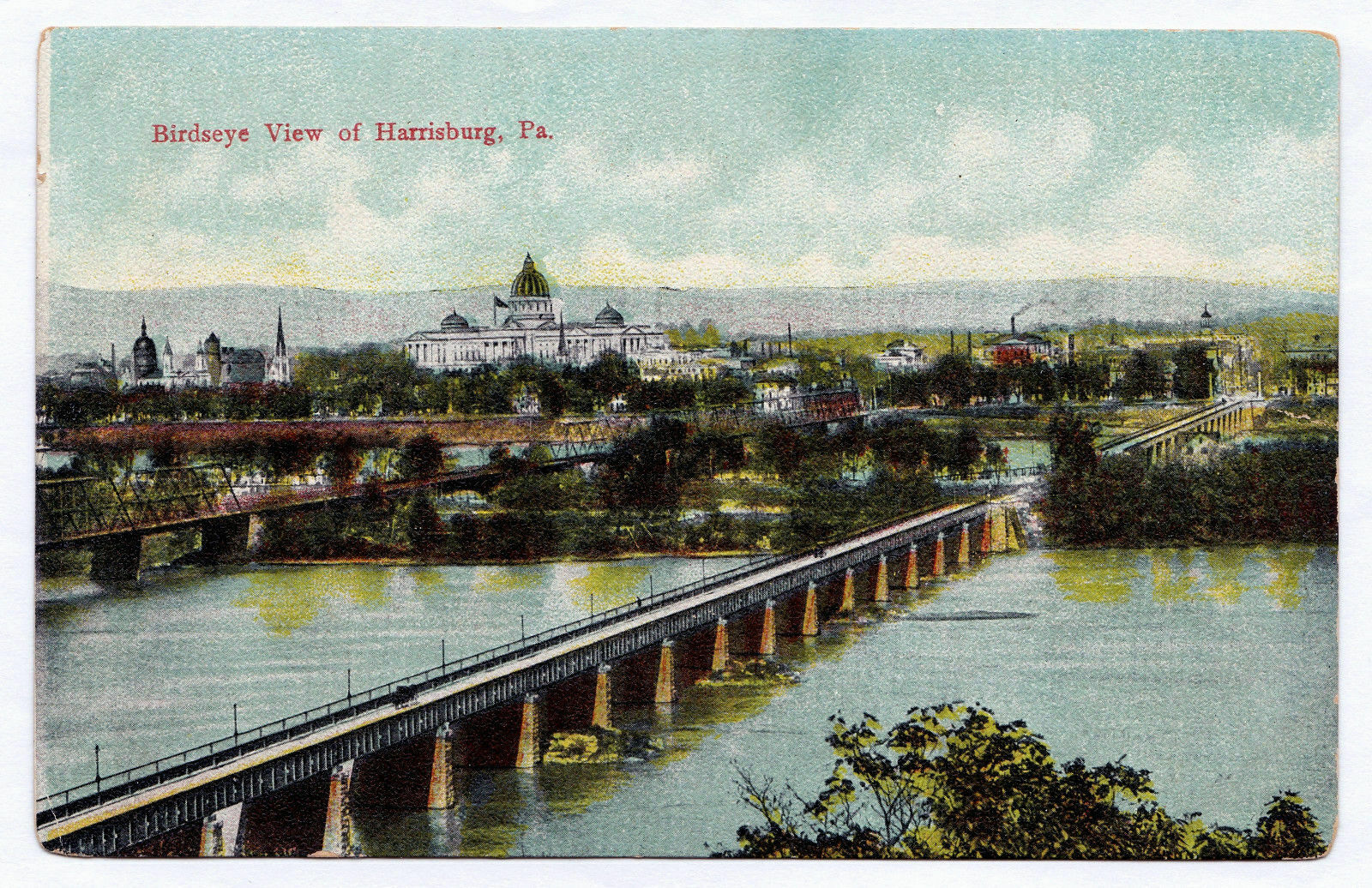 1907-1915 Birdseye View of Harrisburg PA Postcard River Bridge Bird's-Eye RARE