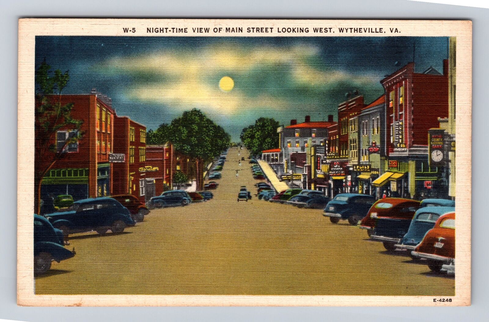 Wytheville VA-Virginia, Night View Of Main Street, 40's Cars, Vintage Postcard