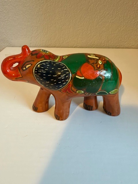 VTG - Mexican Folk Art Pottery Elephant Figurine Hand Painted Clay Signed LXX