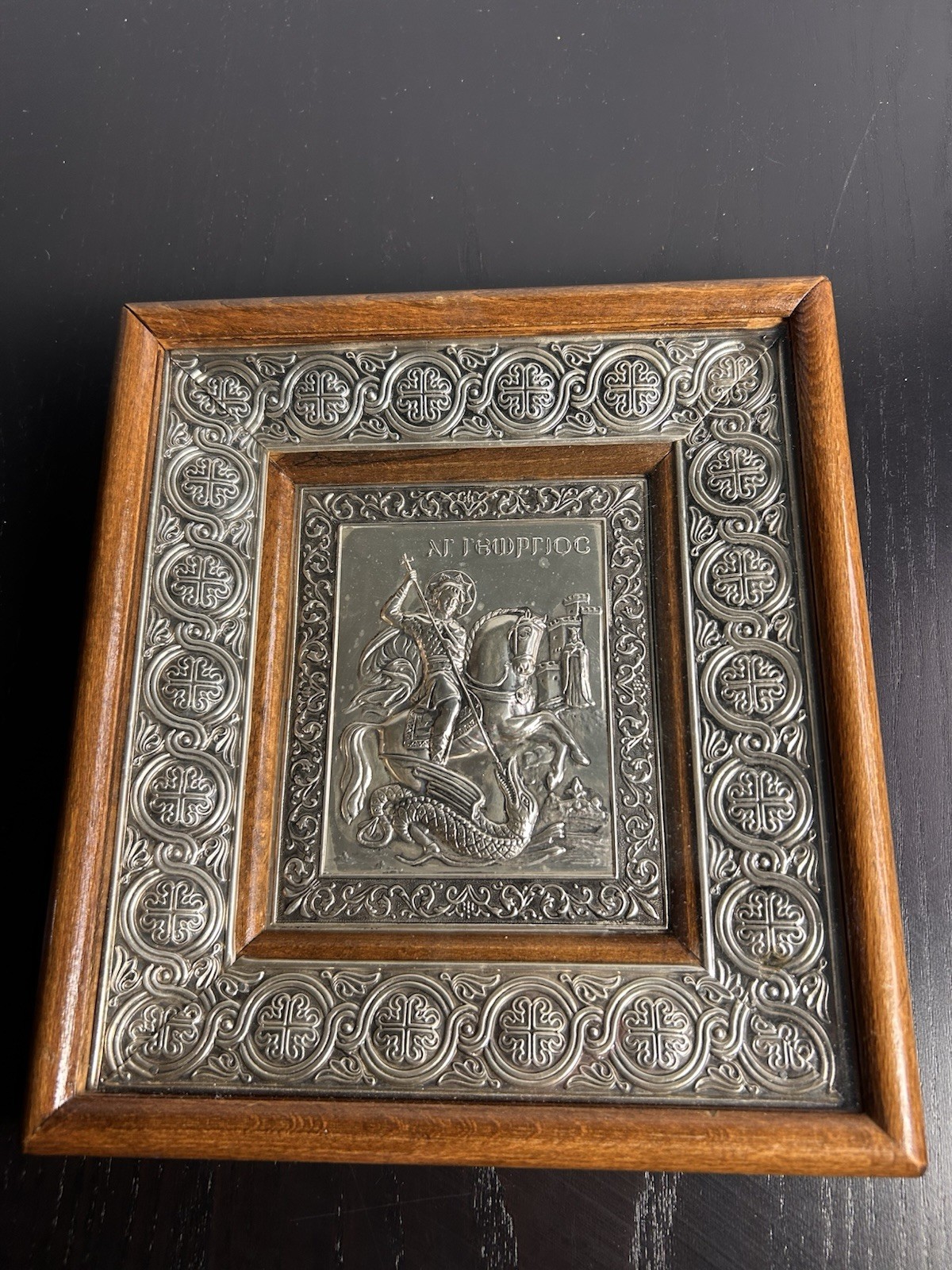 Vintage Saint George Orthodox Christian Icon 8x9 Wood Frame Silver Foil Relief