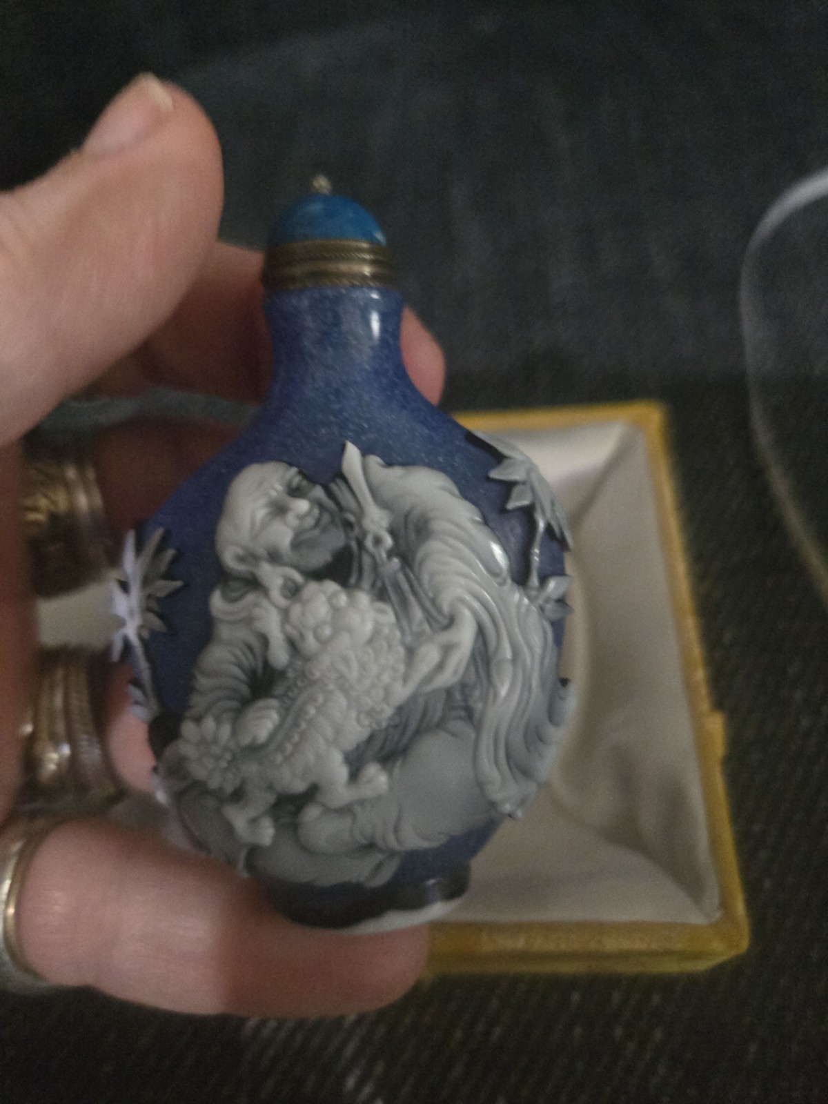 Antique Chinese Blue And White Stone Intricately Carved Statue Snuff Bottle