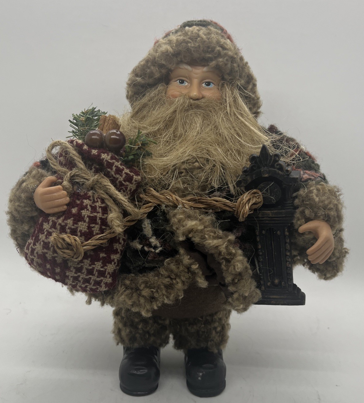 Rustic Pot Belly Woodland Santa Father Christmas 9” Faux Fur Coat Toy Sack Clock Rustic Pot Belly Woodland Santa Father Christmas 9” Faux Fur Coat Toy Sack Clock