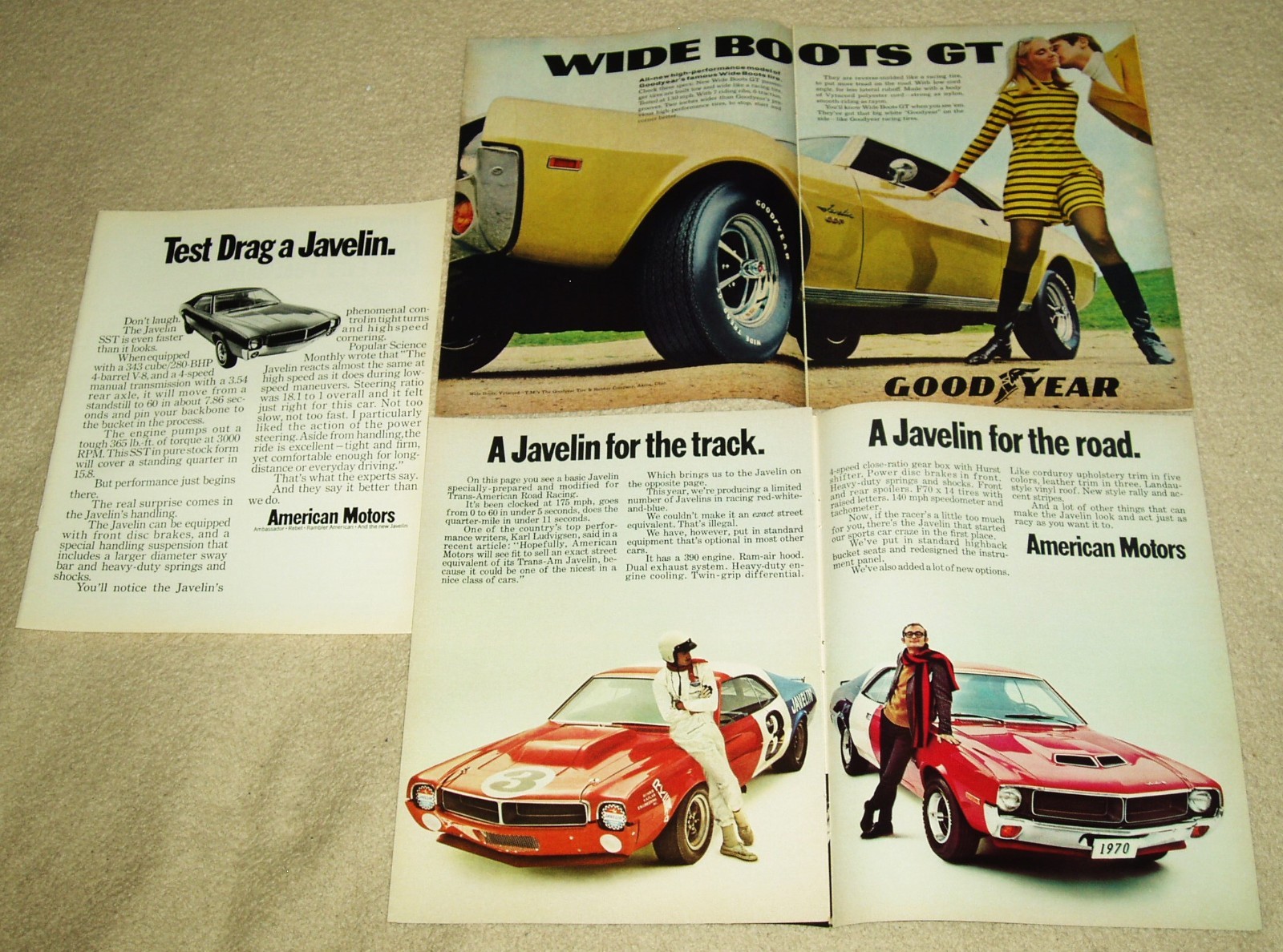 1968-1969-1970 AMC JAVELIN MAGAZINE ADS * LOT OF 3 * VTG AUTOMOBILE ADVERTISING