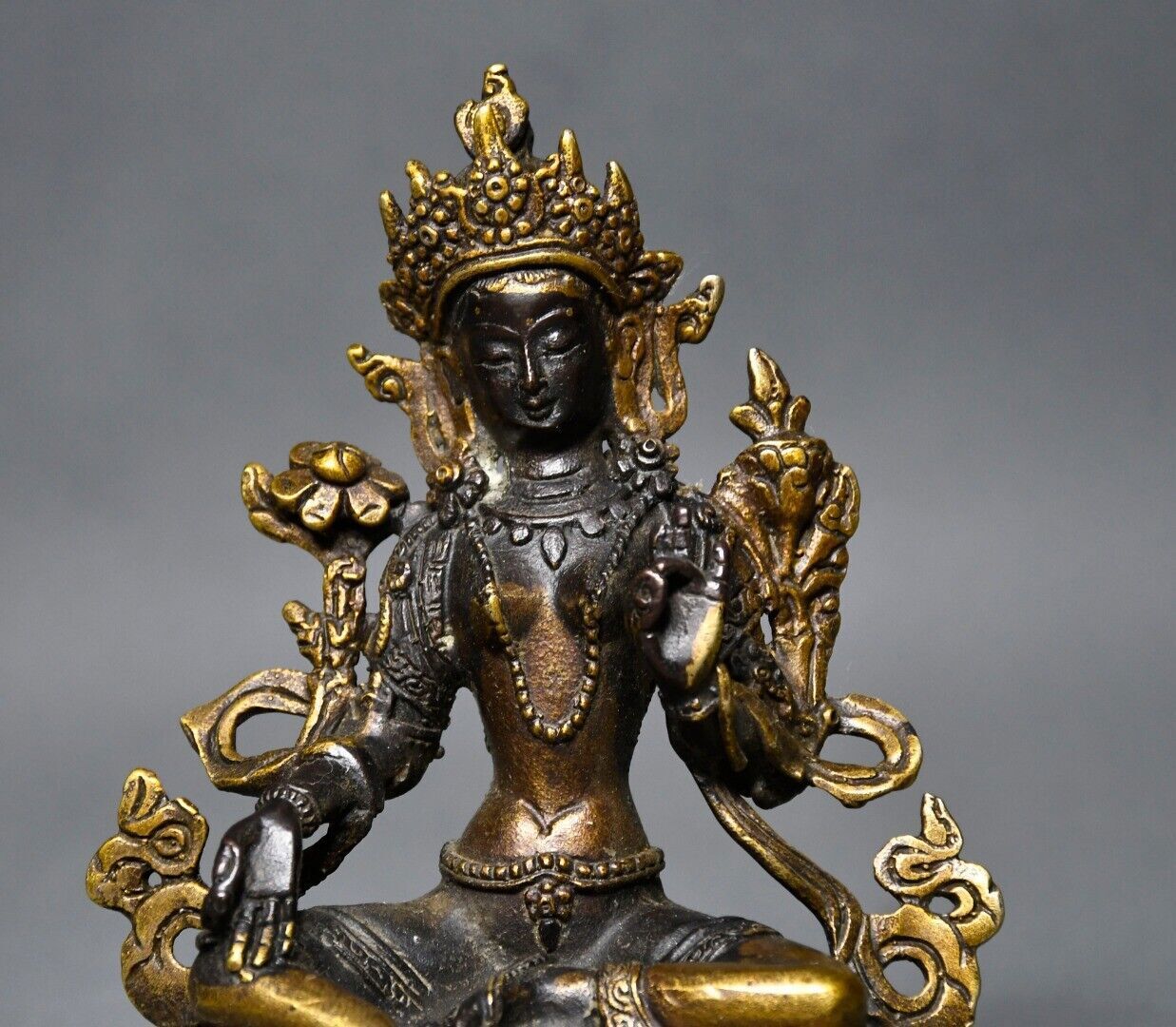 Old Tibetan Bronze Gilt Green Tara Bodhisattva Statue 5.9