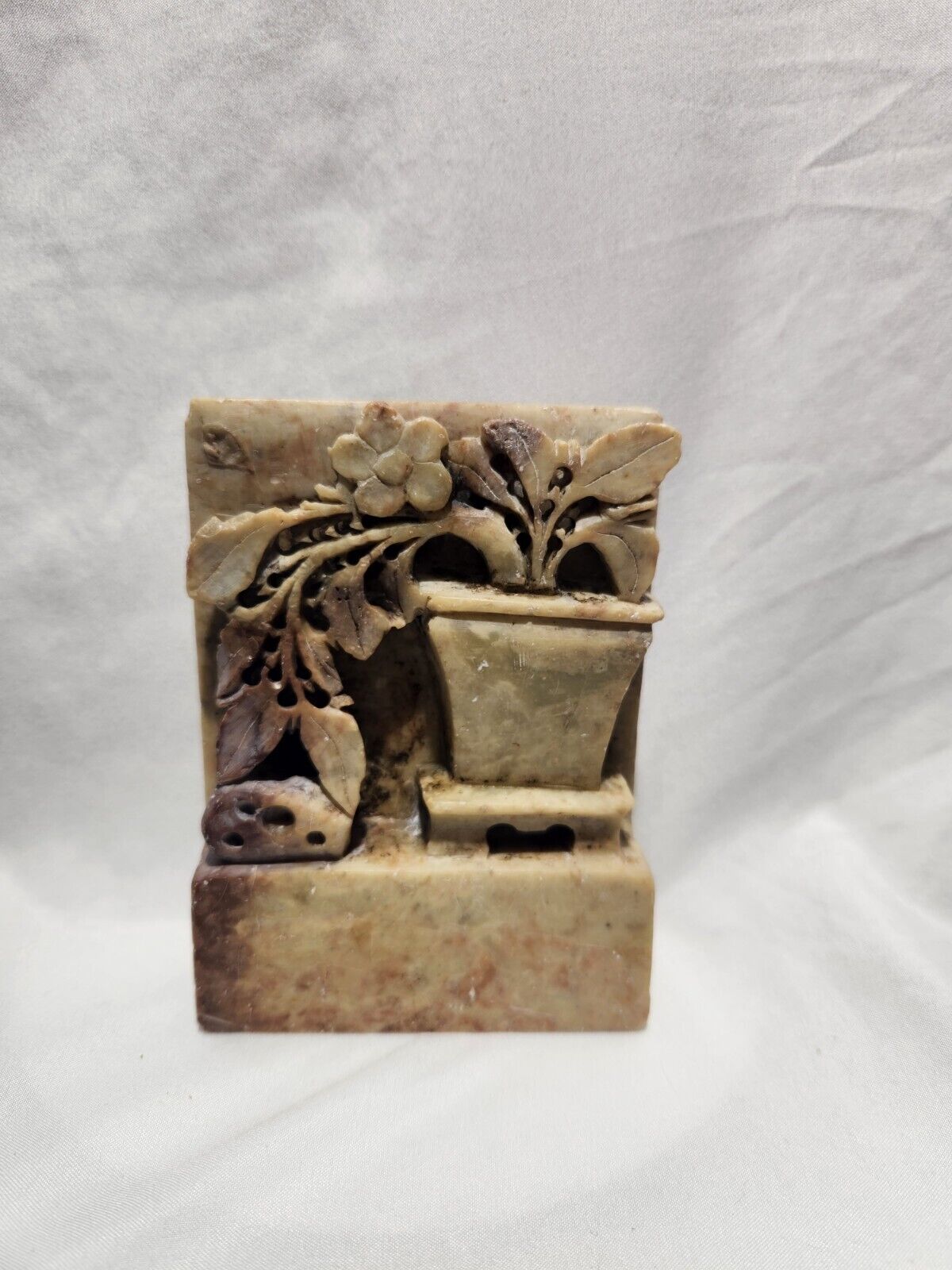 Vintage Asian Oriental Carved Soapstone Flower Pot Hand Carved Flowers Alabaster
