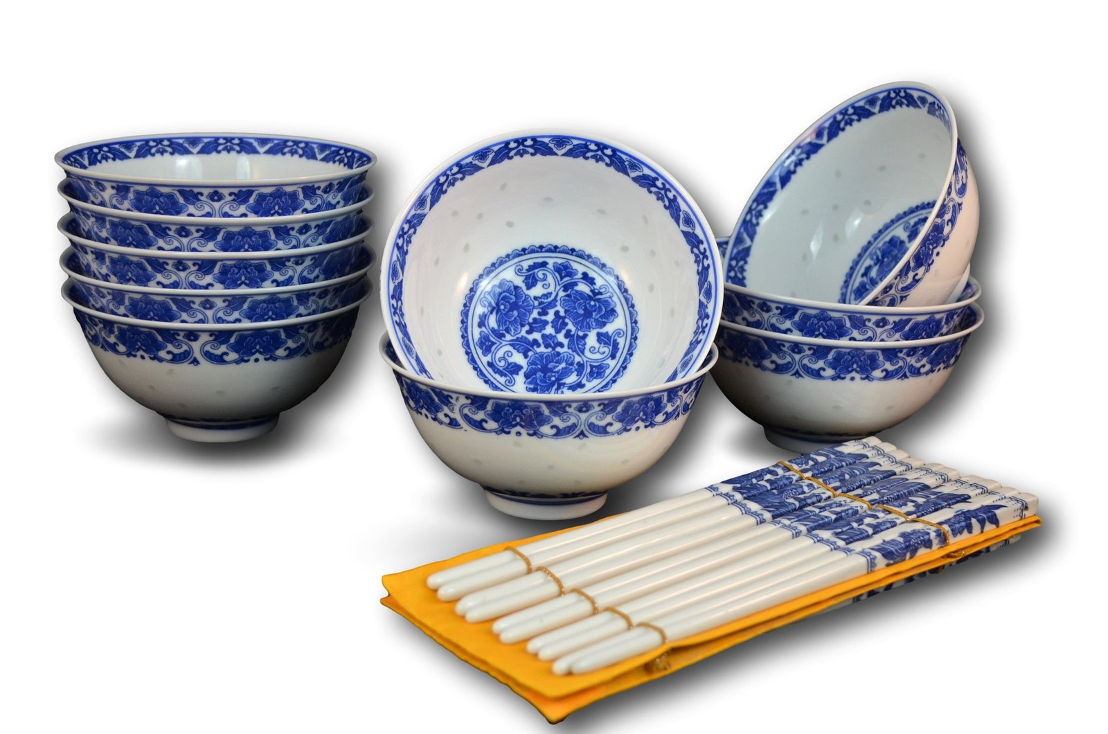 10 Pc Fine Porcelain Blue and White Rice Pattern Bowl, Bowl Set, with Free 10...