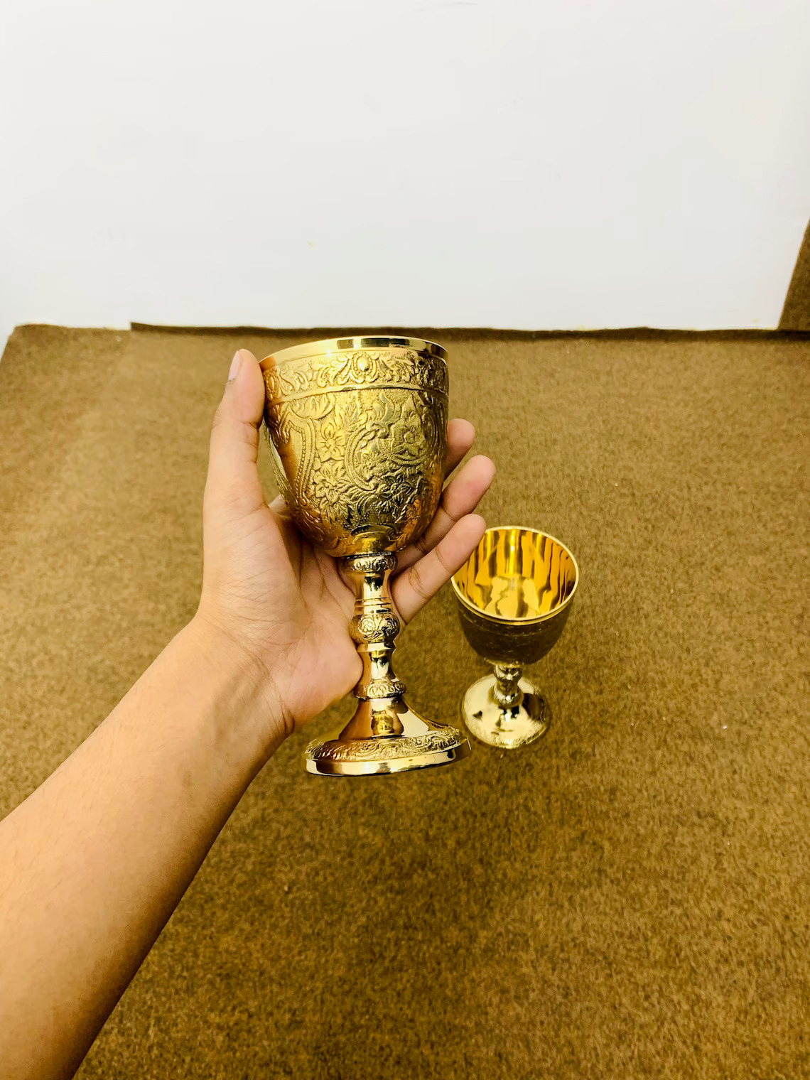 Set of 2 Goblet Brass Engraved Design Wine Cup Vintage Handmade Glass