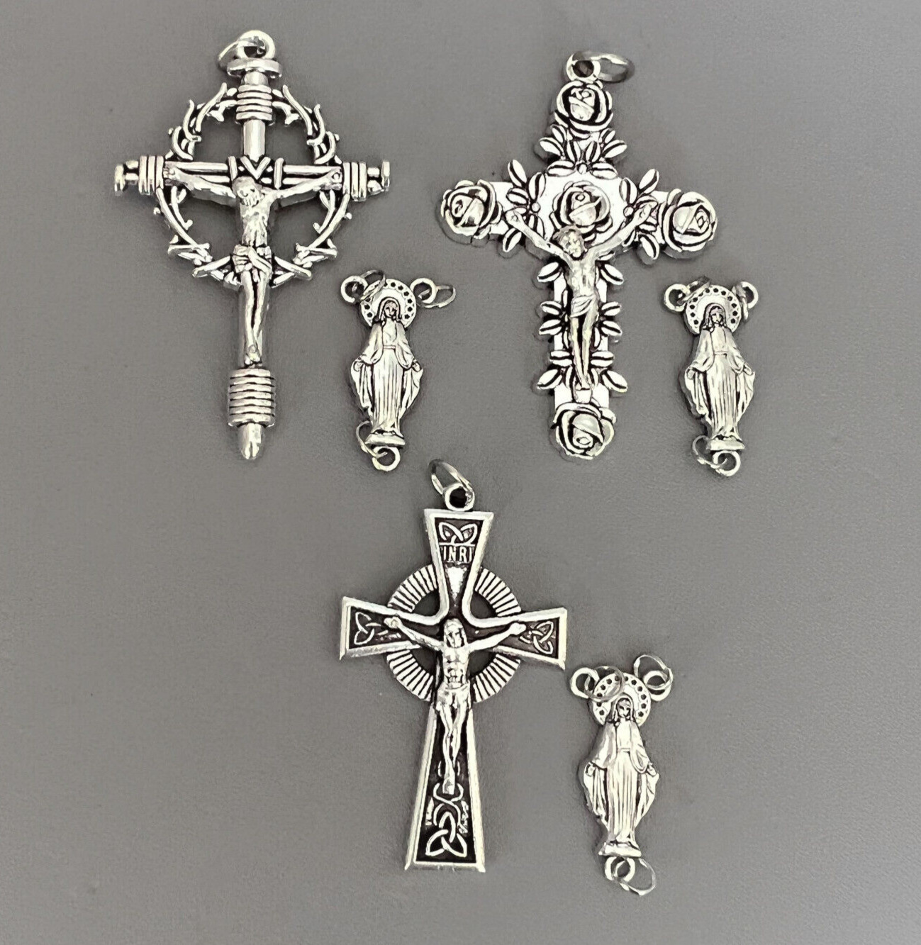 LARGE 6 pc Set Rose Rosary Crucifix Miraculous Medal Centerpiece Celtic Cross
