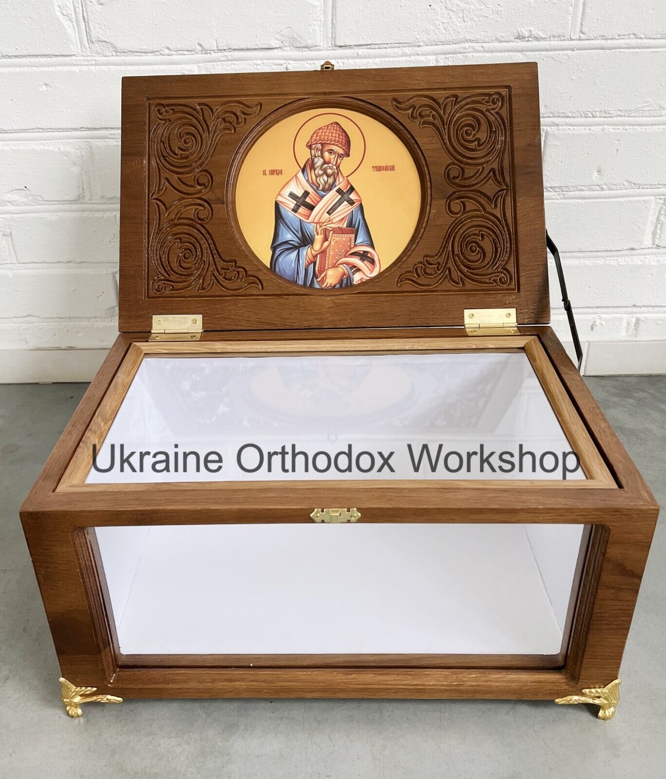 Handcarved Orthodox Reliquary Box Wood Ark with Icon Saint Spyridon 15.74\