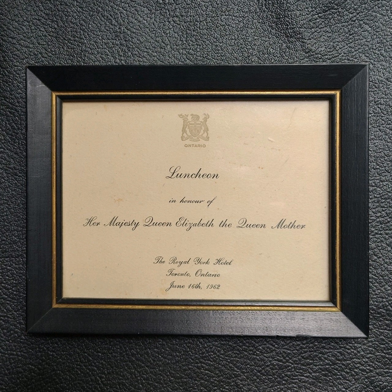 June 16 1962 Queen Mother Canada Tour Framed Luncheon Royal York Hotel Toronto