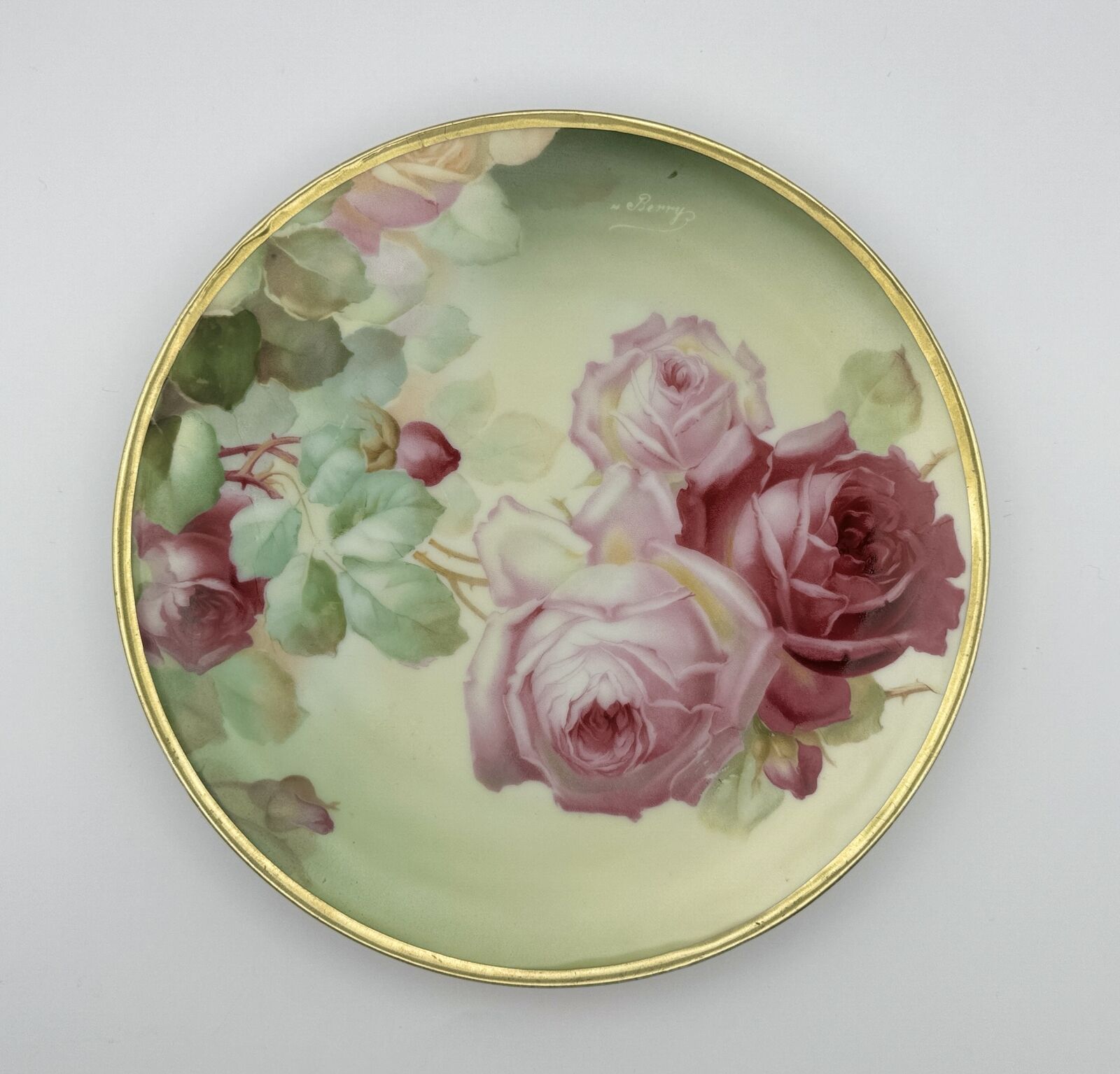 Thomas Bavaria Hand-Painted Pink Rose Porcelain Plate – Signed by Berry