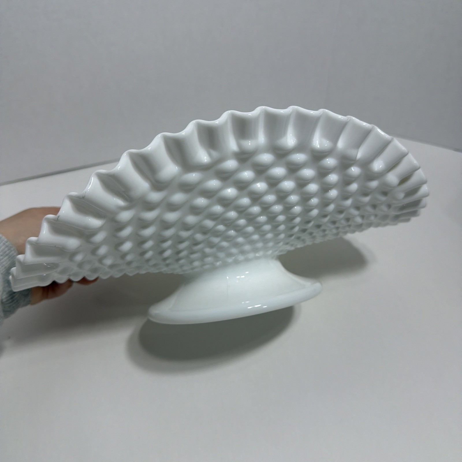 Large - VINTAGE Fenton Hobnail White Milk Glass Footed Banana Fruit Stand 