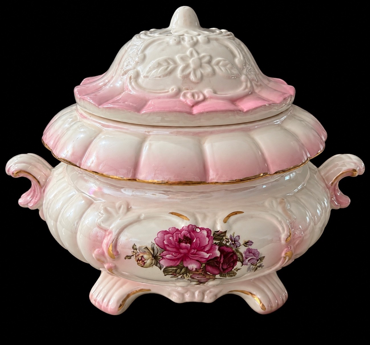 Vintage Pink and White Floral Lusterware Ceramic Candy Dish Soup Tureen with Lid