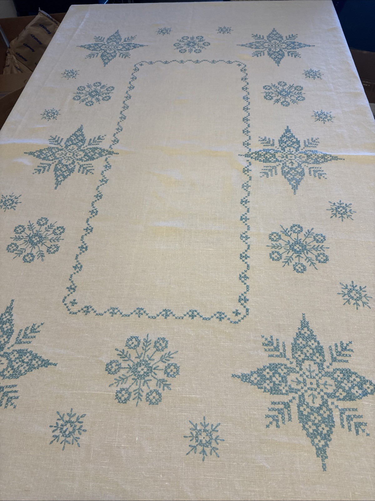 Antique Hand Embroidered Cross Stitch Tablecloth White Scalloped 67\ Antique Hand Embroidered Cross Stitch Tablecloth White Scalloped 67\
