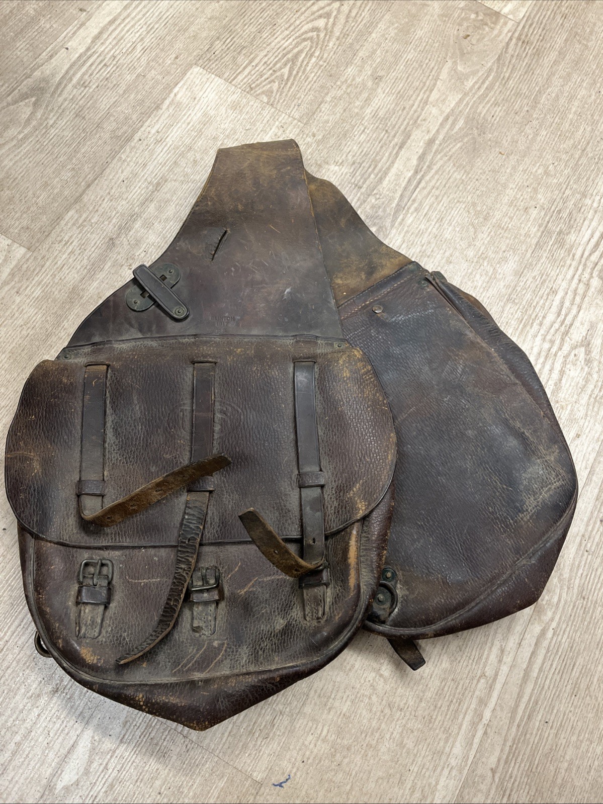 Original WWI US Army Cavalry M1904 Leather Saddlebags Stamped US Clinton 1917
