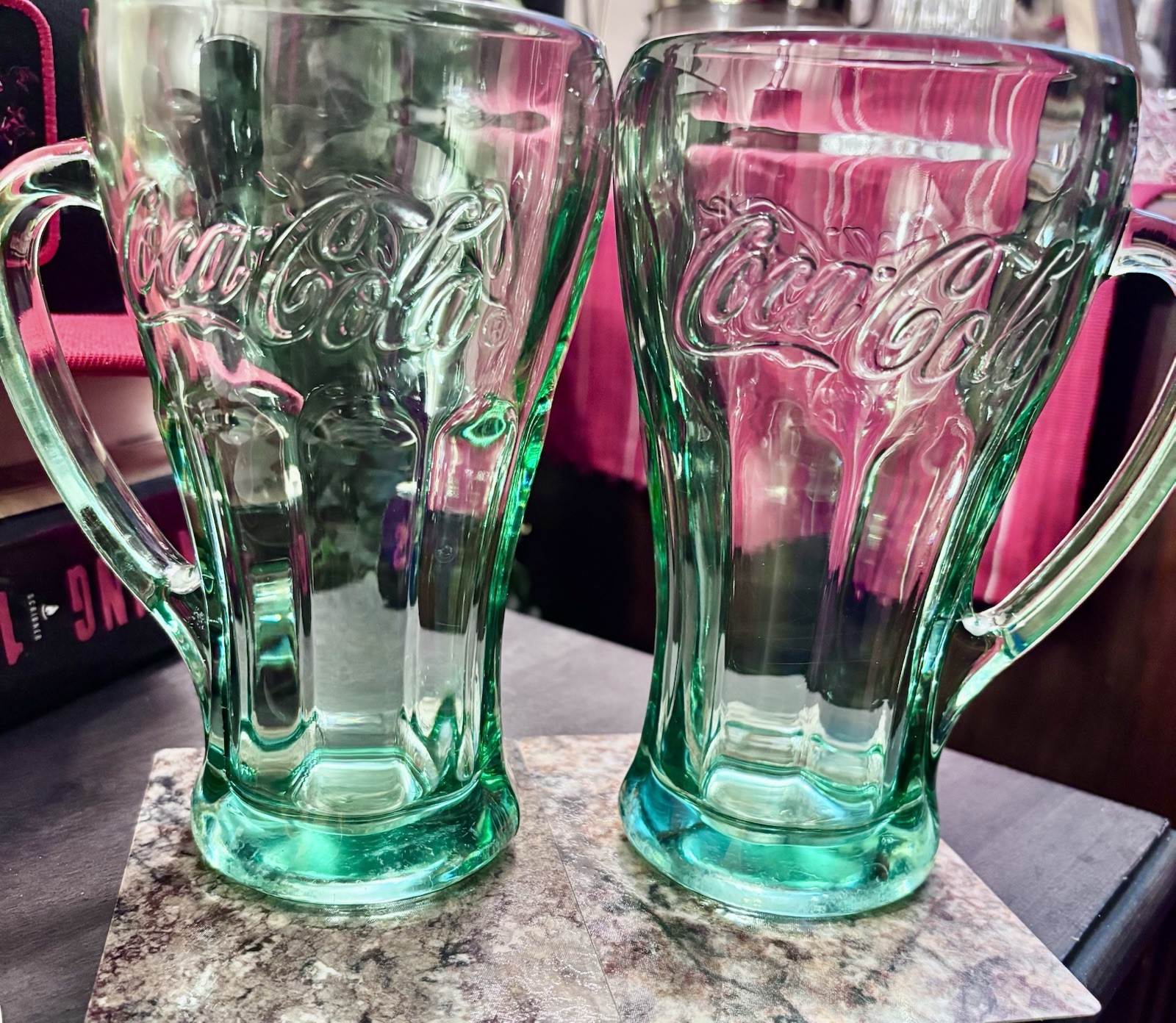 Vintage Libby Coca-Cola Set of 2 Embossed Heavy Green Glass Mugs with Handles