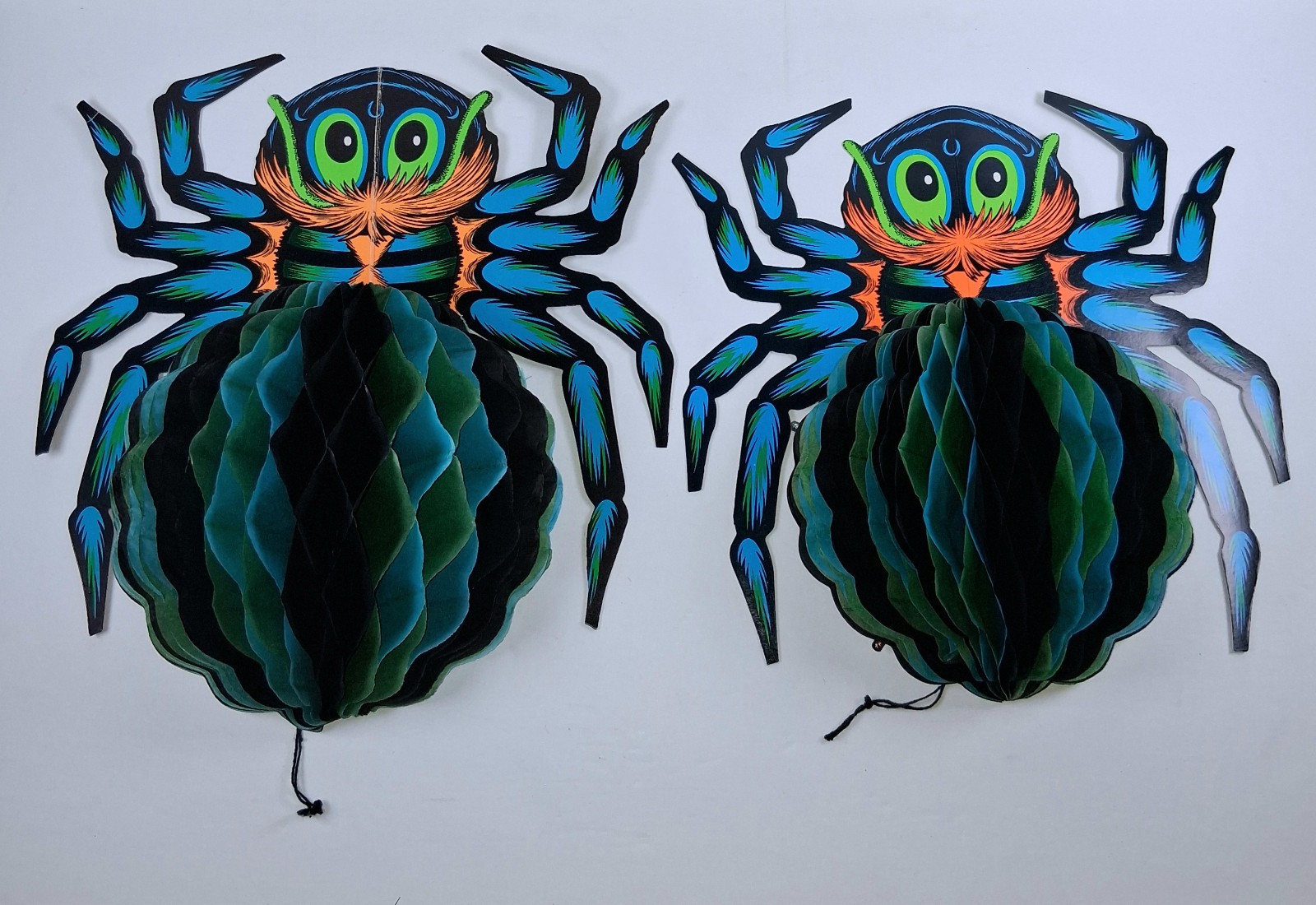 Vintage 2 Halloween Die cut Beistle Honeycomb Crepe Paper Hanging Blue Spiders