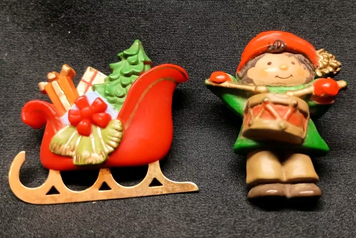 Lot Of 2 Vintage Hallmark Christmas Brooch Pins Little Drummer Boy And Santas...