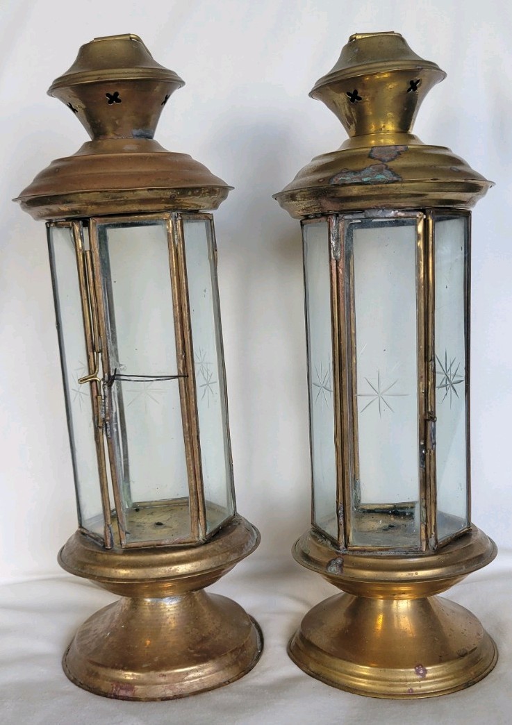 Pair Vintage Turkish Brass Shepherd Lanterns Star Etched Glass Candle Holders