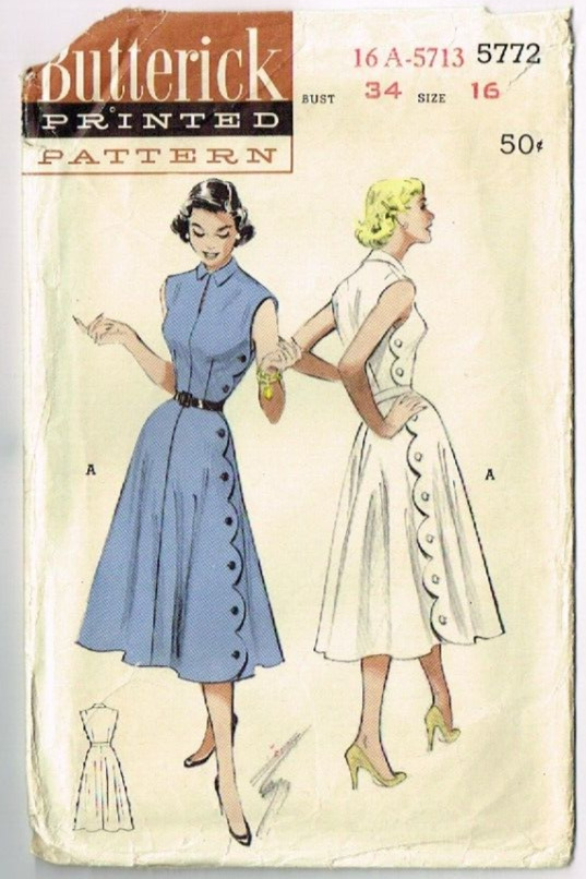 Side Button Dress Pattern Butterick 5772 Size 16 B 34 1950’s Vintage Fashion