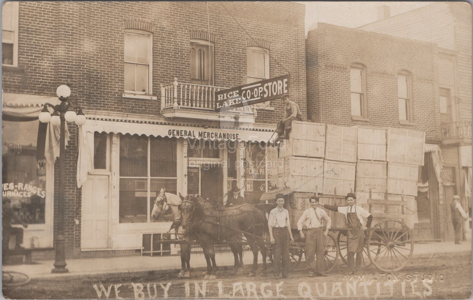 Coop Store Rice Lake Wisconsin WI Horse Wagon Crates RPPC Hamilton 1913 Postcard