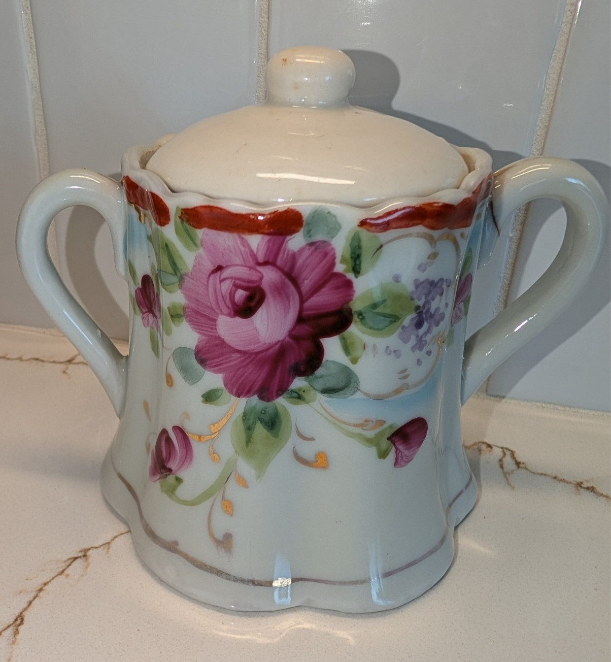 Vintage Floral Porcelain Lidded Sugar Bowl Condiment Jar Cottage Core Pink Roses