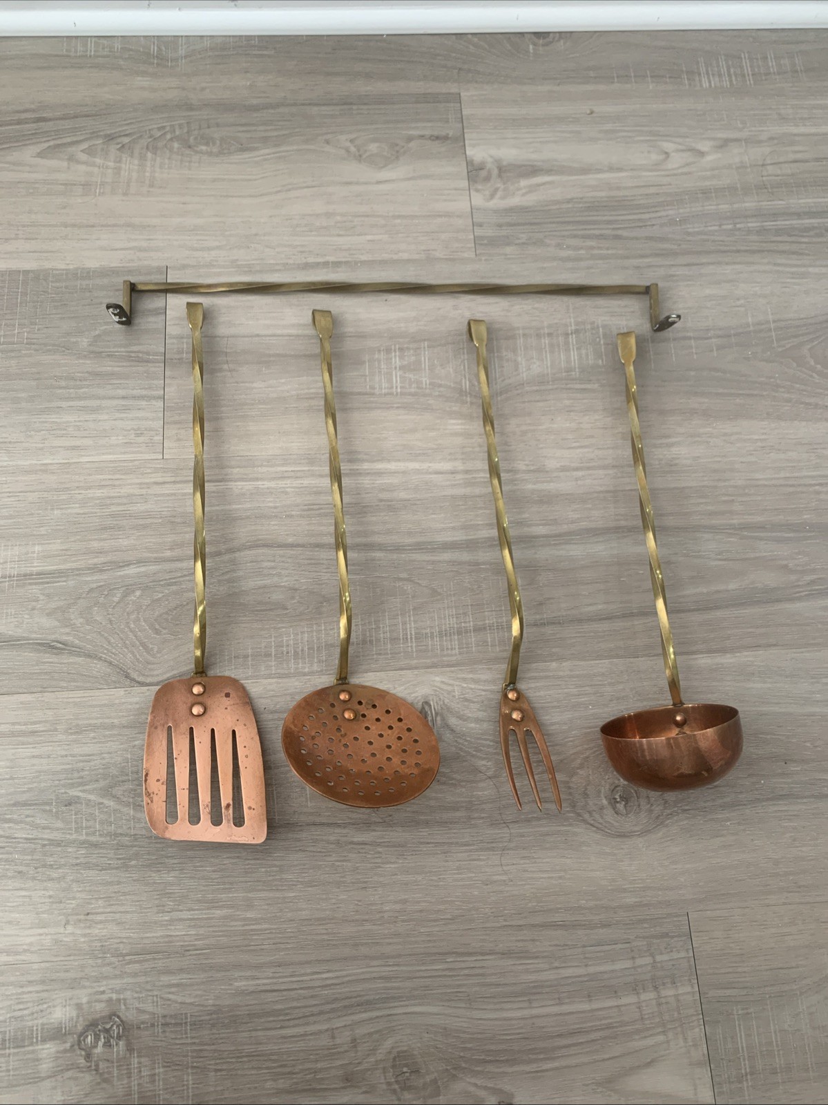 Set Of 5 Vintage French Copper & Brass Hanging Utensils With Rack Twisted Brass