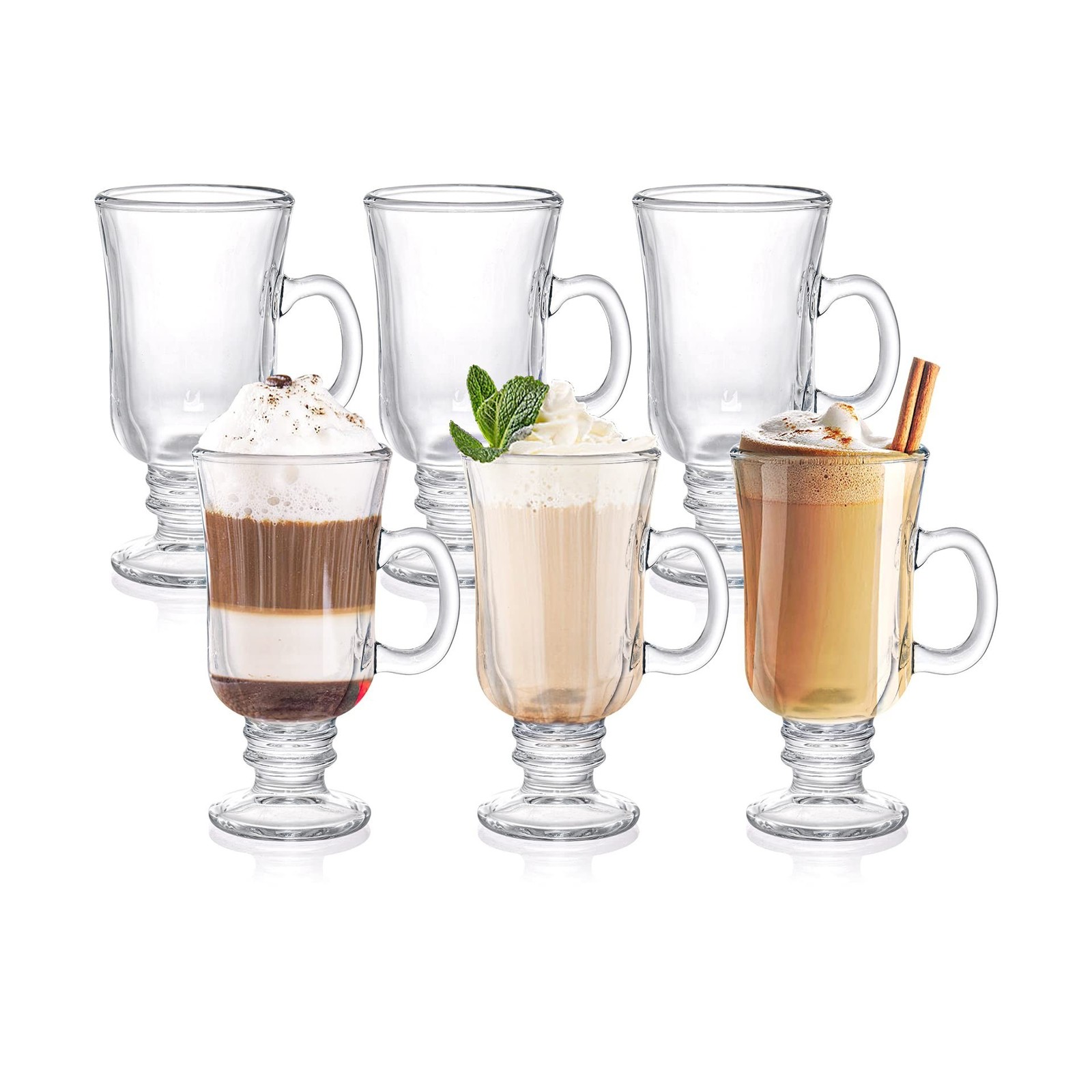ZENFUN Set of 6 Irish Coffee Mugs, 8 Oz Glass Footed Espresso Cups with Handl...