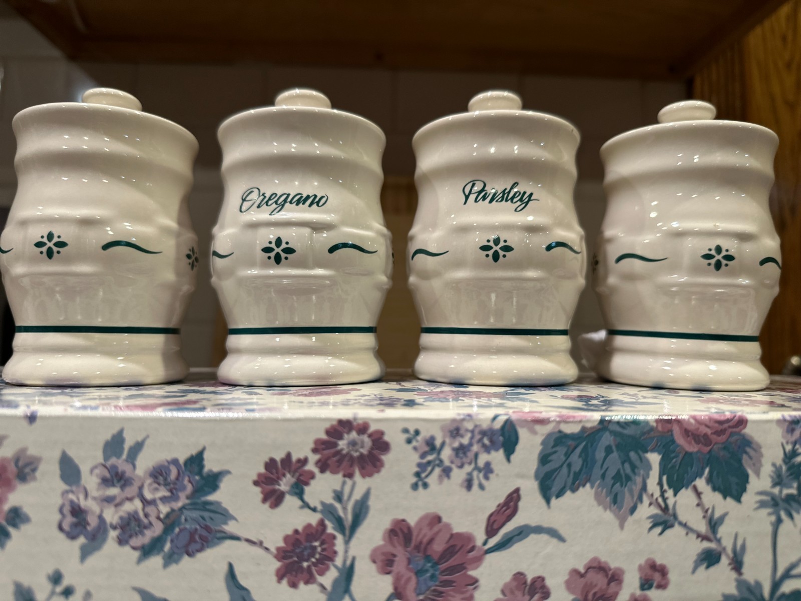 Longaberger Pottery Woven Tradition  green Spice Jars w Lids