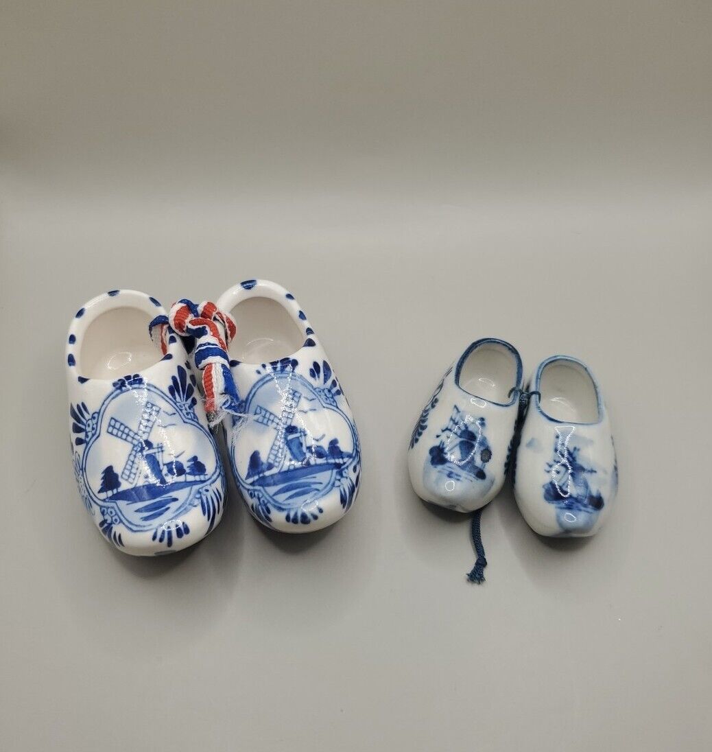 Delft Shoes Vintage Ceramic Blue Holland Hand Painted Miniature Clogs LOT OF TWO
