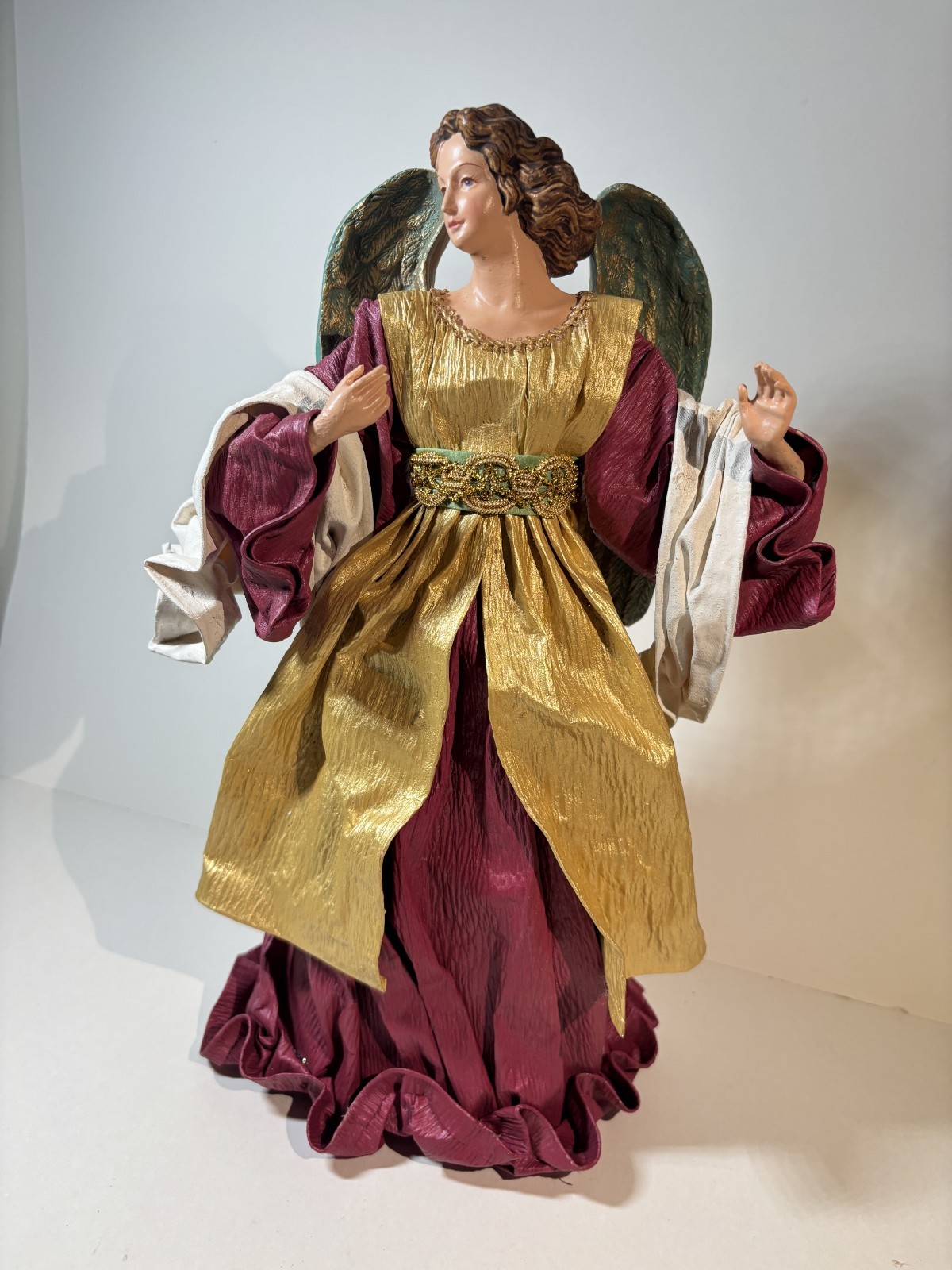 Christmas Angel Tree Topper Burgundy Gold Fabric Wings ~14\