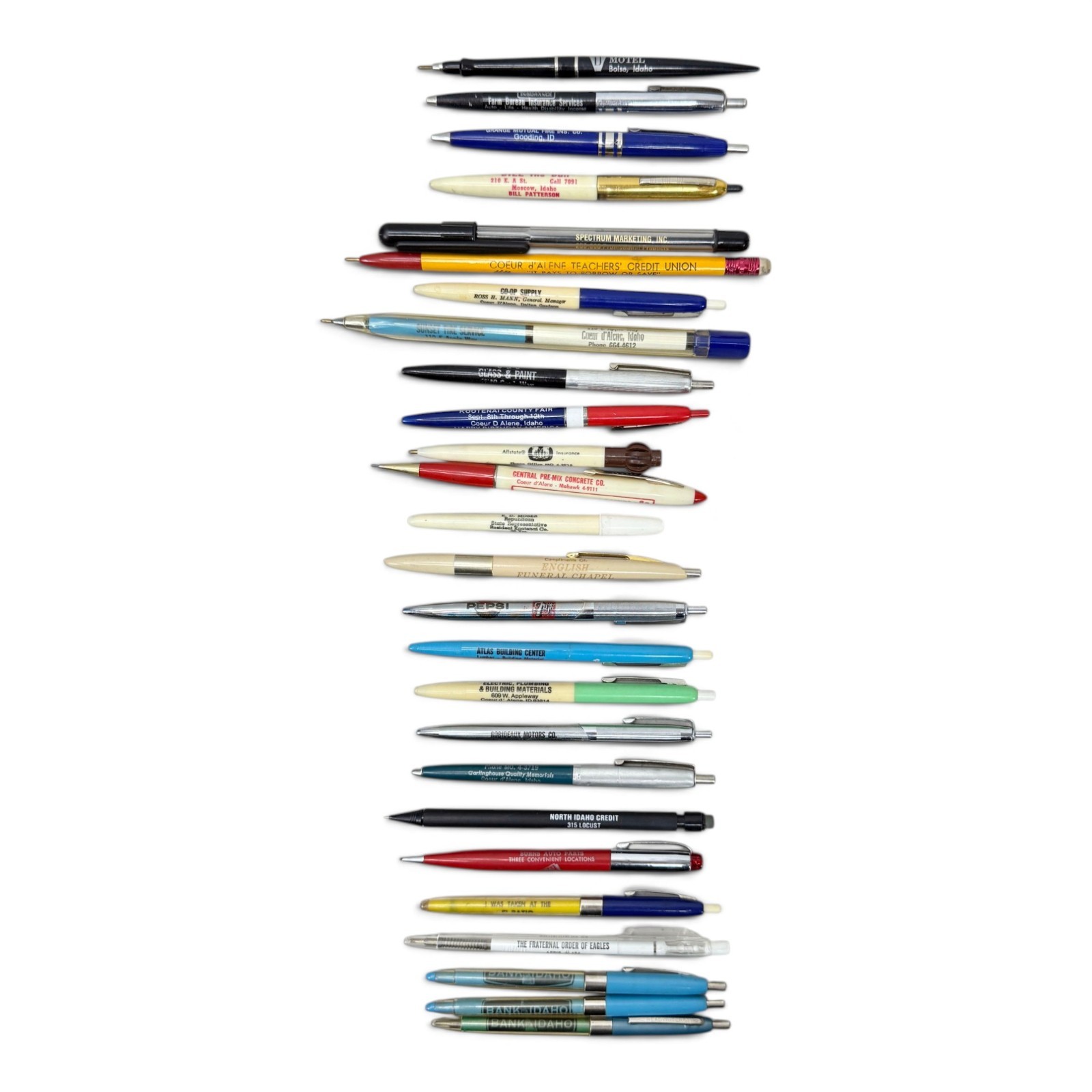 26 Vintage Idaho Advertising Pens Pencils Coeur d\'Alene Boise Moscow Bank Idaho