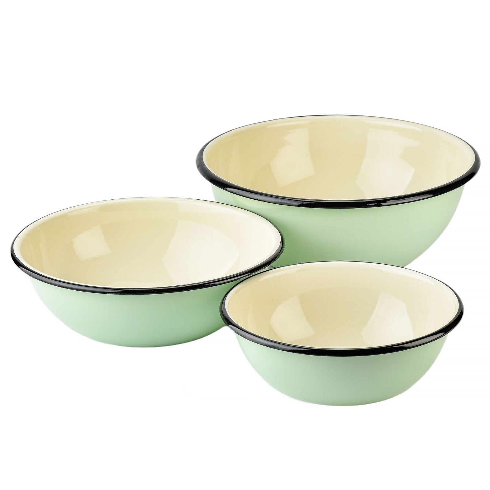 Novomoskovsk Green Enamel Bowl Set of 3 Mixing Bowl Set - 1.6 qt, 2.7 qt, 4.2 qt