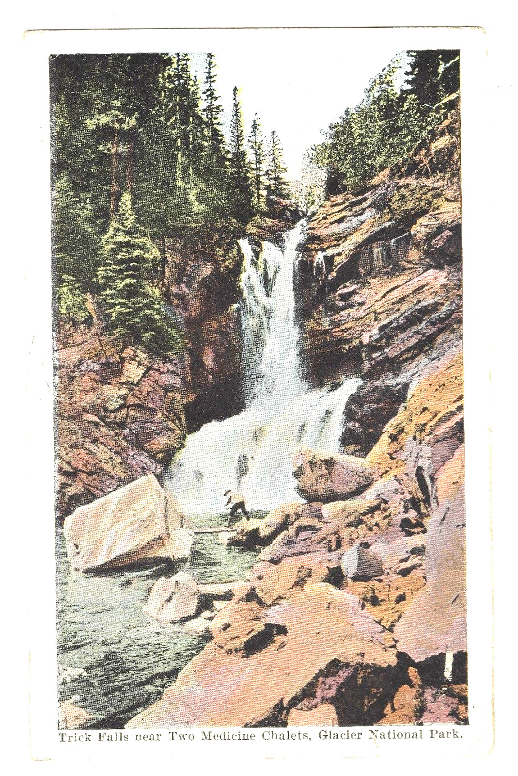 Postcard 1923 White Border Trick Falls Two Medicine Chalets, Glacier Natl Park