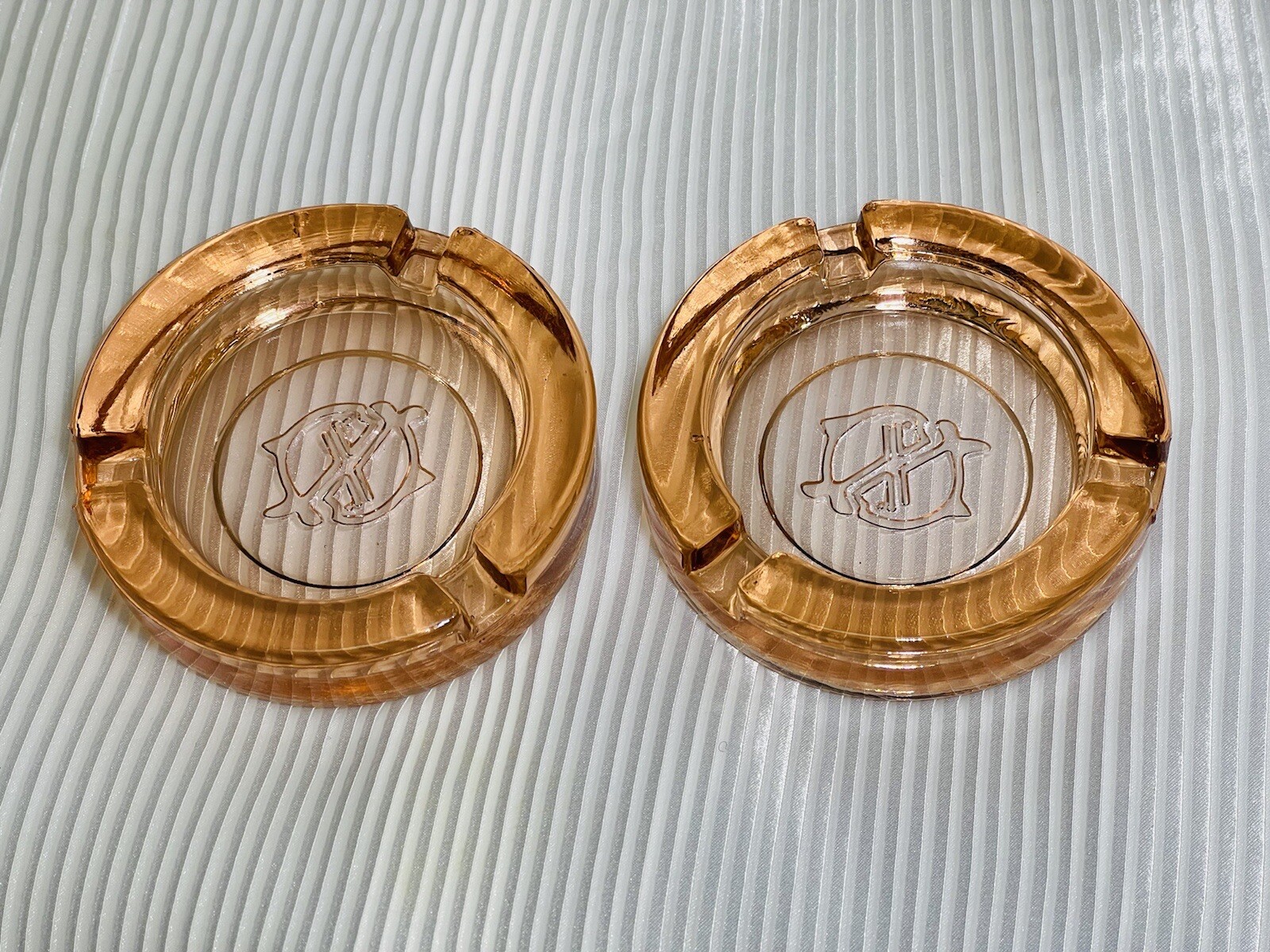 Pair Vintage Pink Peach Glass Monogram Ashtrays Set Mid Century Barware Smoking