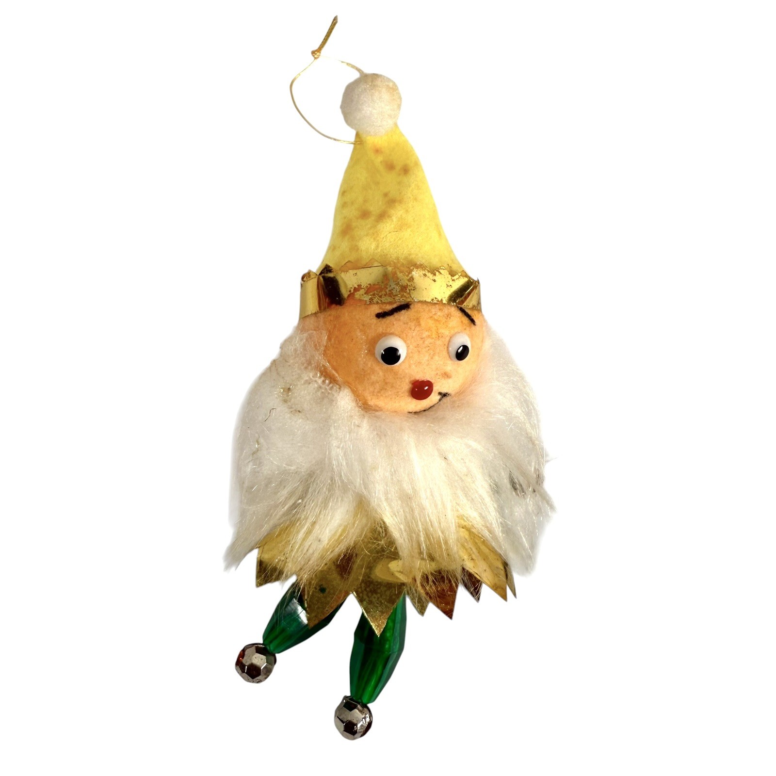 Vintage Yellow Gold Felt Christmas Elf White Beard Ornament Figure Beads Japan