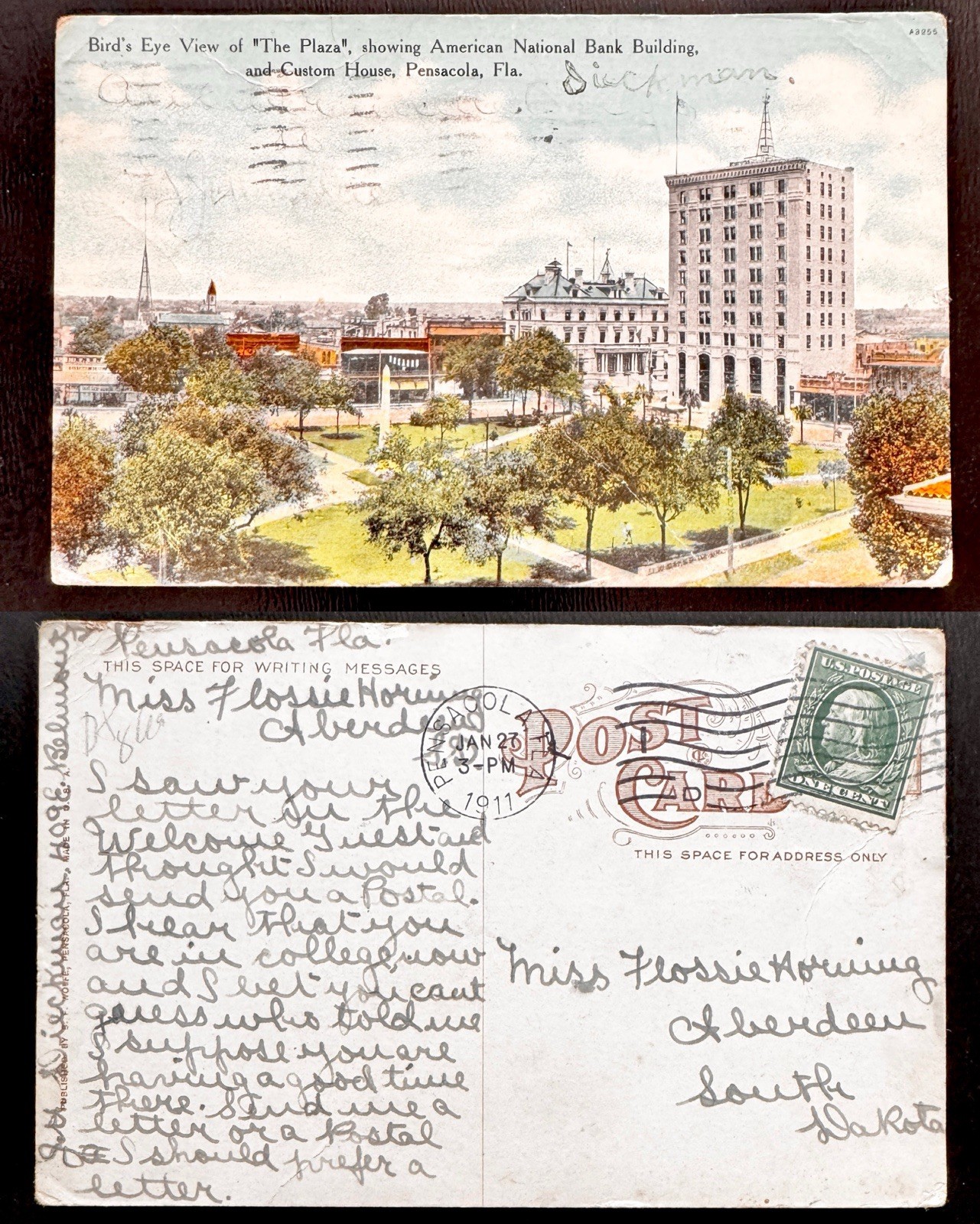 1911 Bird\'s Eye View Plaza American National Bank Custom House Pensacola Fl B5