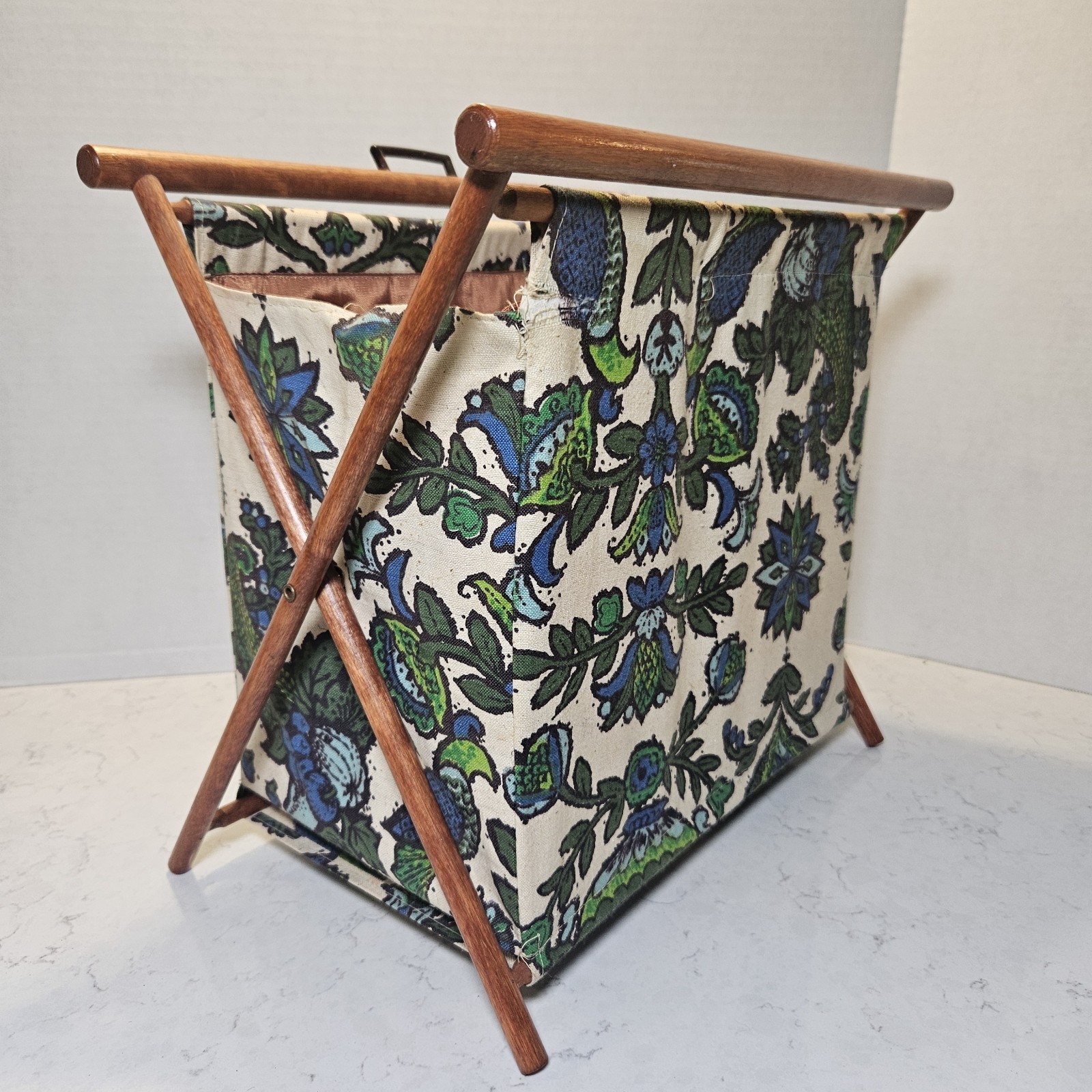 Vintage Folding Knitting Craft Sewing Yarn Basket Organizer Caddy Wood Fabric