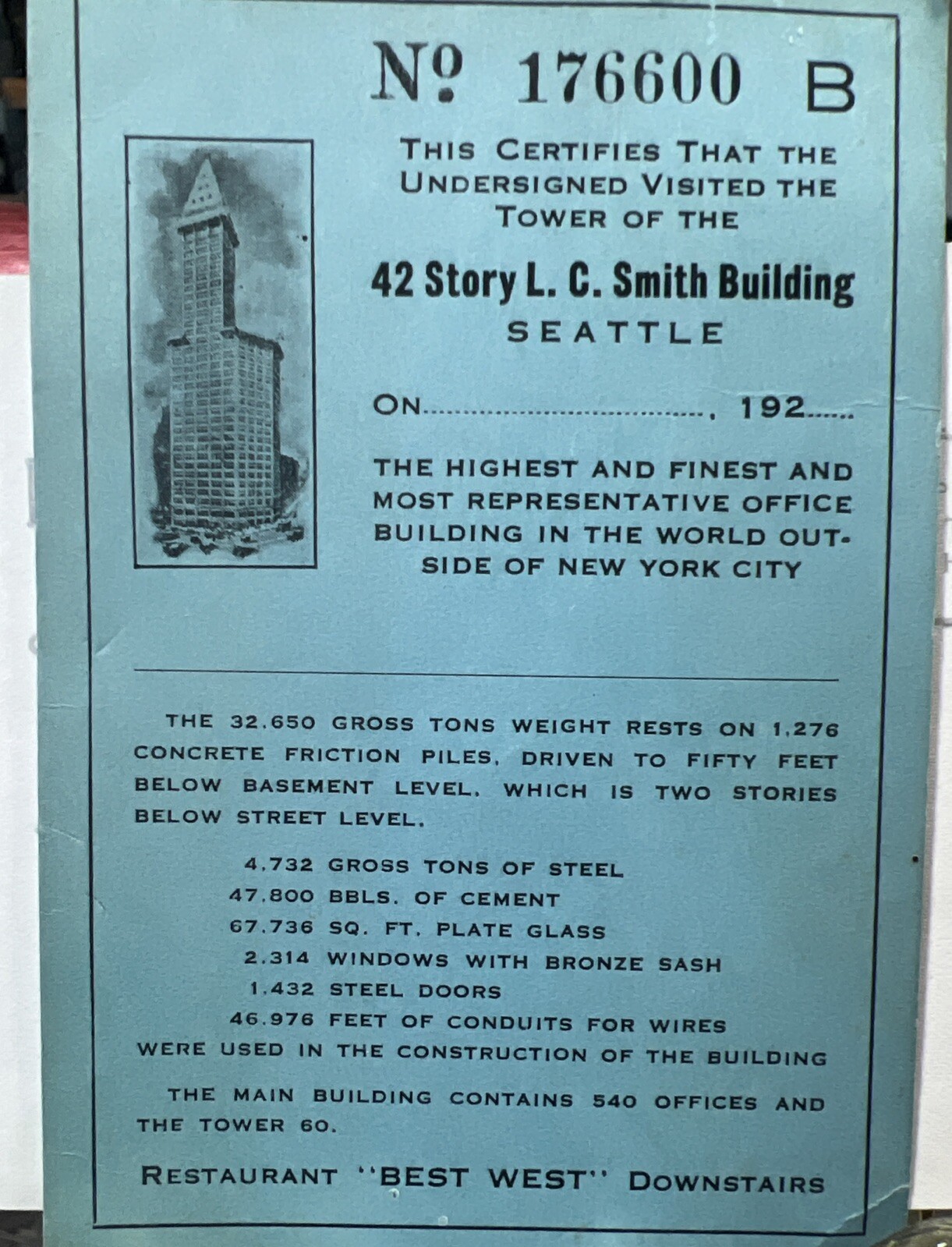 1920\'s L.C.Smith Building Visitor Ticket Mailed Stamp From Tower Seattle Ivar\'s