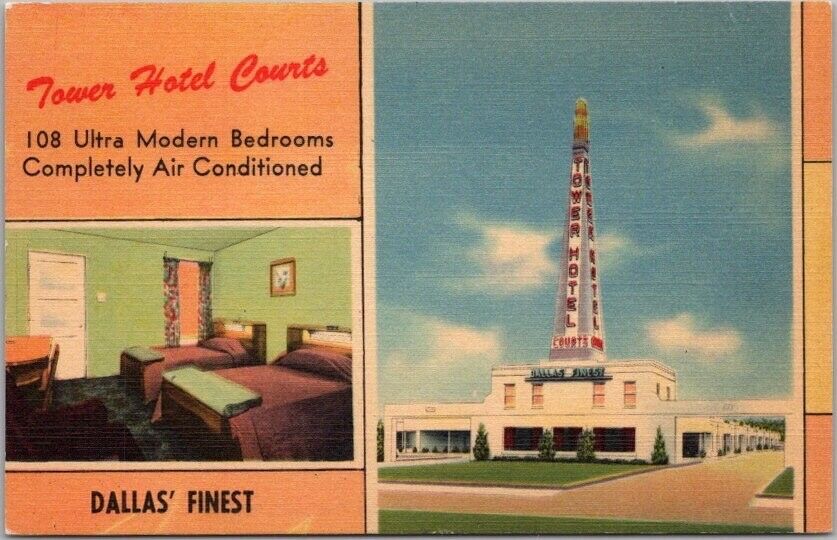DALLAS Texas Postcard TOWER HOTEL COURTS Highway 77 Roadside LINEN c1950s Unused