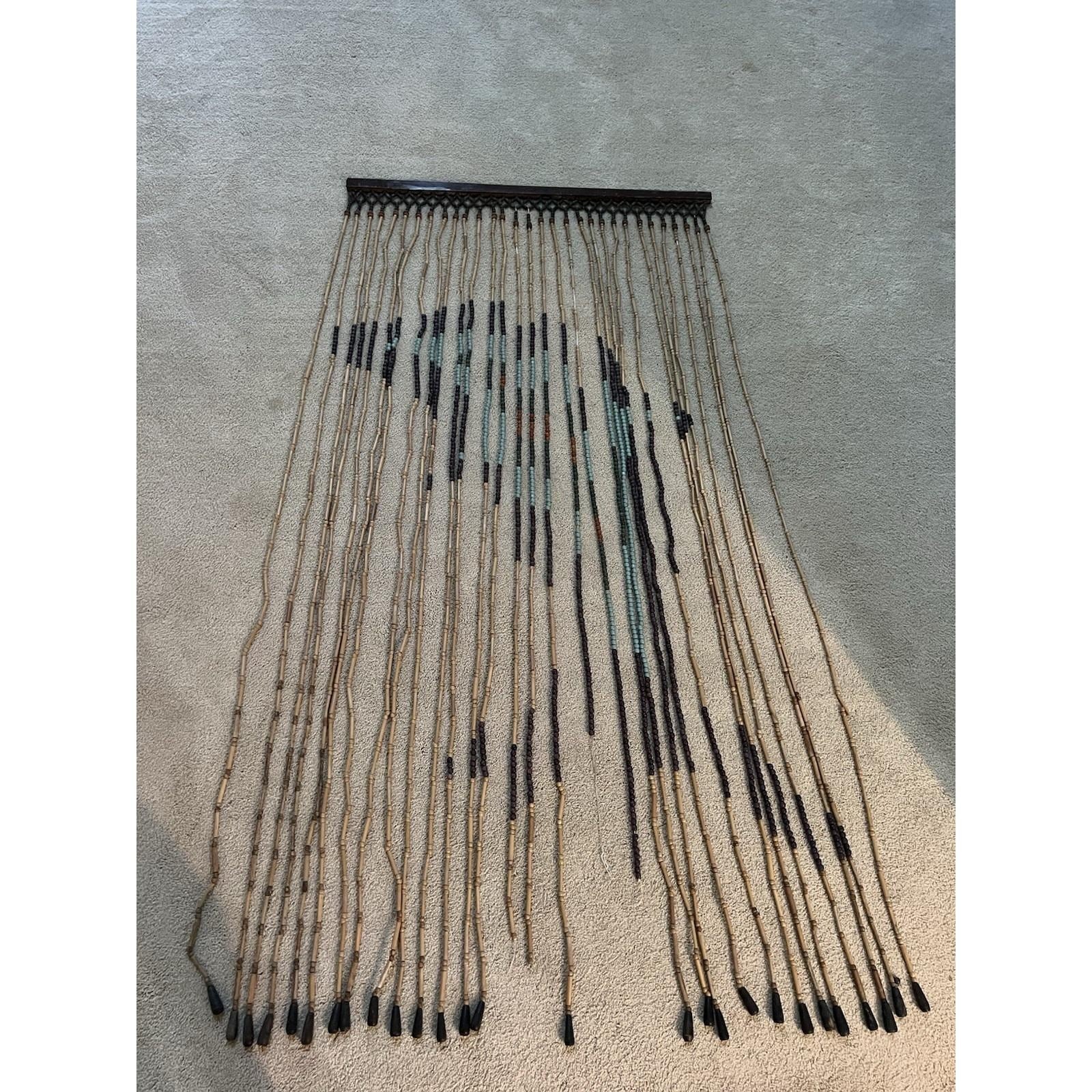 Vintage 1970s Bamboo Beaded Curtain Macrame Boho 36x72
