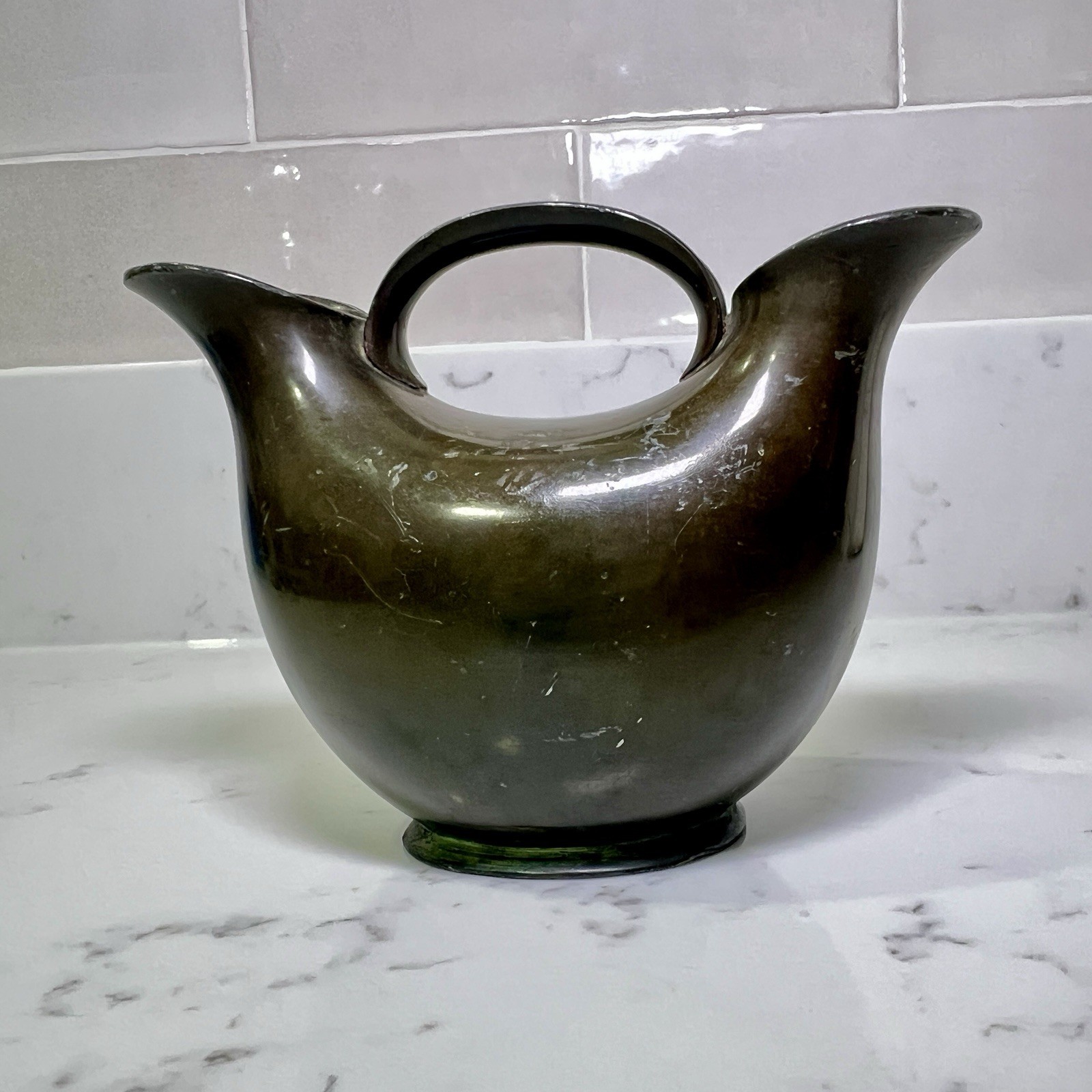 Danish Art Deco Disko Metal Dual Pipe Vase Just Andersen Model 131 1920s