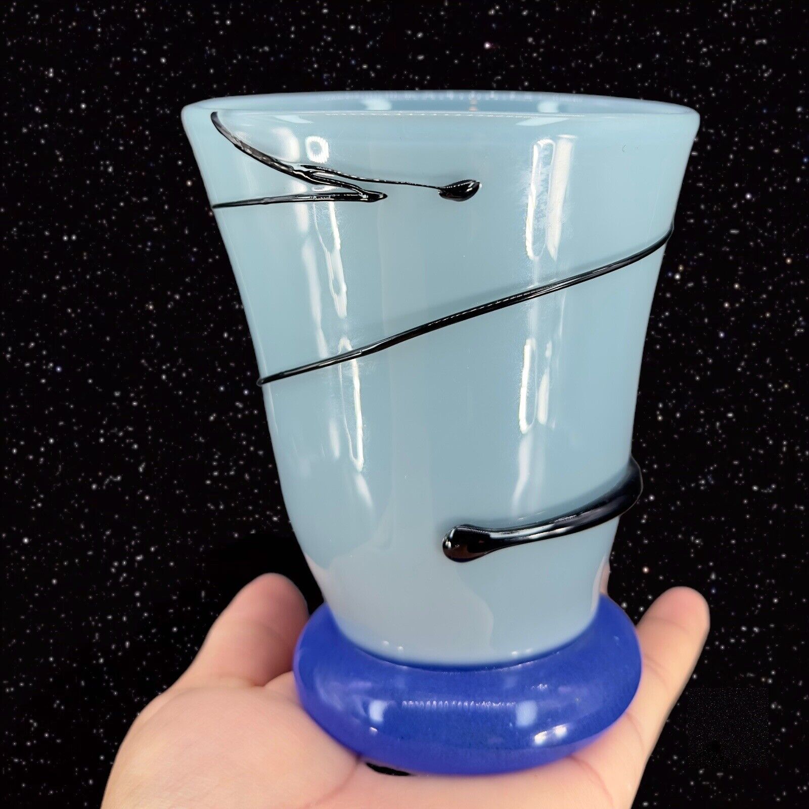 Hand Blown Art Glass Vase Angled Light Blue Black Swirls Cobalt Bottom VTG Vase