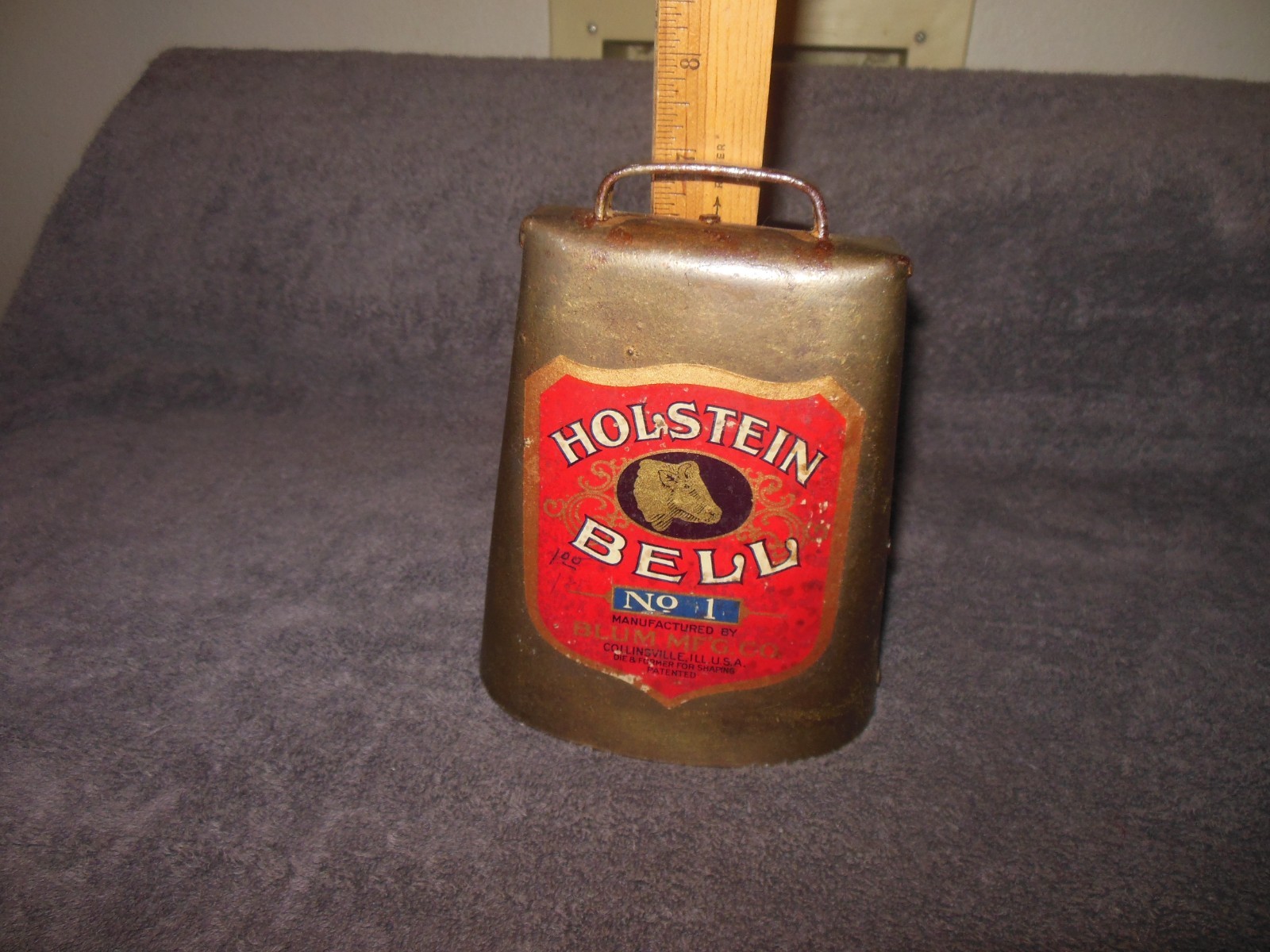 Vintage Holstein Cow Bell Large Size No. 1 with label Blum Mfg Brass Great Sound