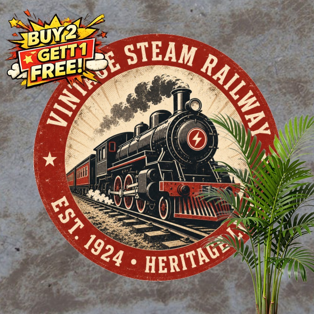Historic Railroad Locomotive 8x8 Round Metal Plaque Vintage Train Tin Sign Decor