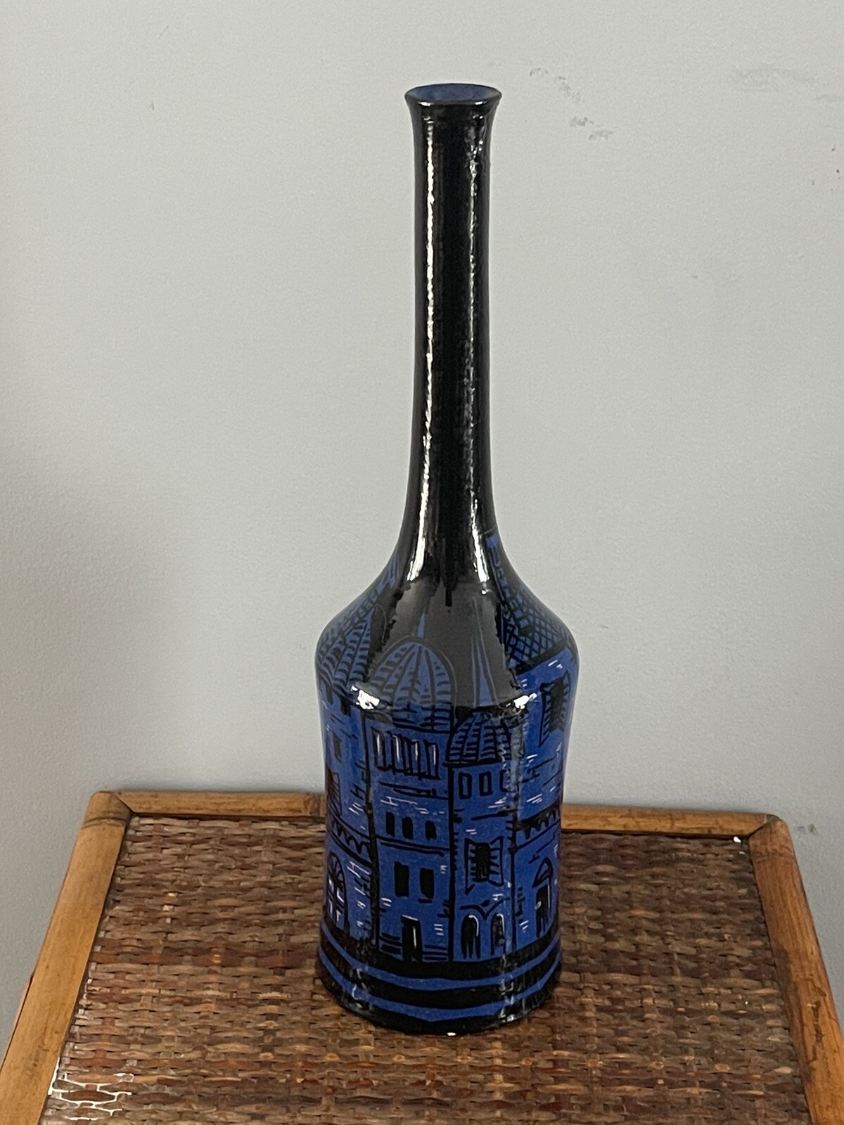 VTG Minghetti Art Pottery Bottle Vase Bologna Italy Hand Painted City MCM