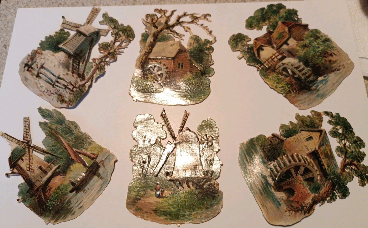 1880s Victorian Die - Cut. Waterwheel, Windmills, Boat, Lot Of 6 (S8) 1880s Victorian Die - Cut. Waterwheel, Windmills, Boat, Lot Of 6 (S8)